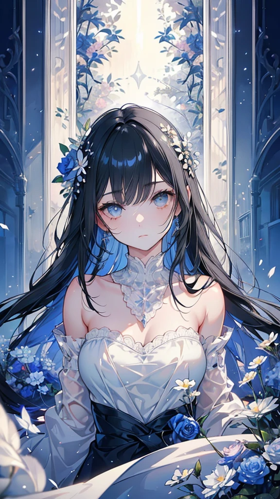 (ight, delicate and beautiful gray eyes: 1.2), masterpiece, Realistic, Blue Eyes, Shiny Hair, Black Hair, Long Hair, Shiny skin, Alone, Awkward, Strapless, delicate, beautiful, garden, flower, 風に舞うflowerびら,