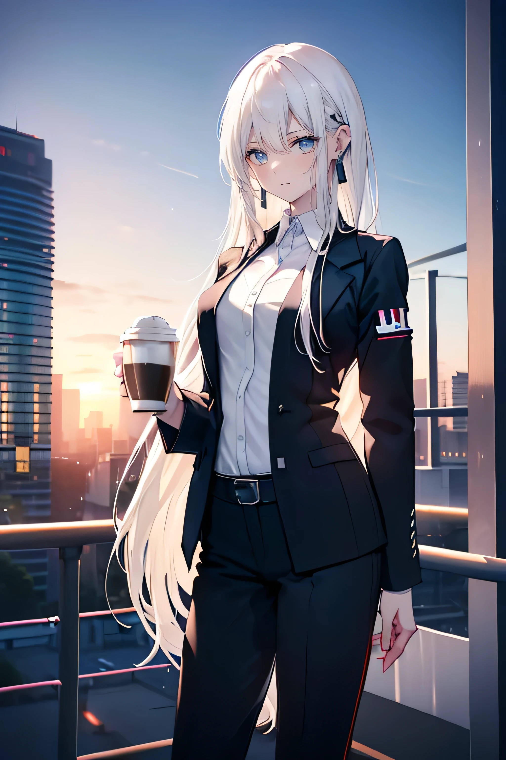(Masterpiece: 1.1), (Best Quality, Ultra Resolution: 1.2), (8K Resolution: 1.2), (highest Quality), (Ultra detailed), (highest Resolution), beautiful face, ((ultra detailed face)), (deep blue eyes:1.4), (solo), (ultra detailed eyes), Dramatic, superfine illustration, Extremely detailed, Cinematic lighting, bishoujo, lady, pale skin, (light eyebrow), blush, (leaning on guardrail:1.2), looking far away, cowboy shot, model, ((business suit:2)), ((very long hair)), slender, small chest, ((holding coffee:1.4)), light smile, (white hair:1.4), (long hair:1.4), (straight hair:1.4), perfect body figure, (slender body, thin body:1.5), thin arms, thin legs, long arms, long legs, sunset, dusk, urban, ((outdoor)), (guardrail)), ((skyline)), profile