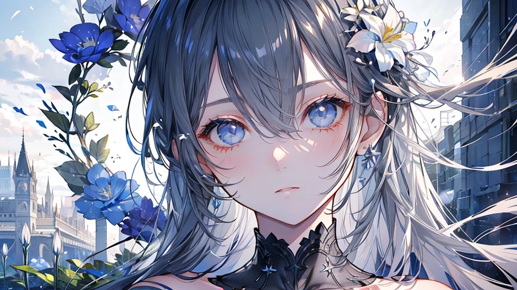 (ight, delicate and beautiful gray eyes: 1.2), masterpiece, Realistic, Blue Eyes, Shiny Hair, Black Hair, Long Hair, Shiny skin, Alone, Awkward, Strapless, delicate, beautiful, garden, flower, 風に舞うflowerびら,