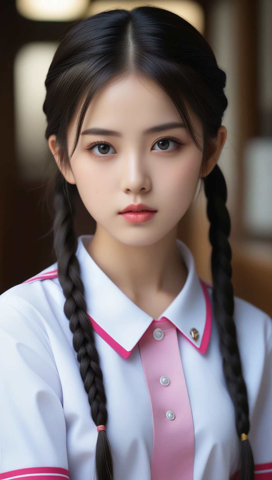 8k, Ultra-high resolution, Highest quality, masterpiece, Photograph by the Tripartite Method,Surreal, photograph,One Woman, (:1.3), cute, cute face, Beautiful eyes in every detail, Detailed in fine detail,masterpiece,One Girl:1.2,Japanese women,kindergarten, glaring,Black hair,braid,(twin braids:1.0),ID photo,(Kindergarten Uniforms:1.3),Eccentric,Future City,white collar,((Colorful Fashion)),(Beautiful attention to detail),Subtle details, Detailed face, Attractive eyes,(Portrait photograph:1.4),(Photorealistic images:1.4),Fantasy art,(Beautiful Face:1.4),beautiful Attractive eyes、Beautiful Eyes,Silver residue,(Tight waist:1.4)、(Beautiful with perfect body proportions:1.4),Pink Lips,profile,(((Ideal body type))),A-cup small breasts :2,、Portraiture:2、Perfect Anatomy、vivid detailed、detailed,Fashion magazine cover,Thin lips,Perfect and Beautiful Face perfect cute face, Skin with attention to detail, Perfect limbs、Narrow waist,Surreal,Light and shadow,spotlight