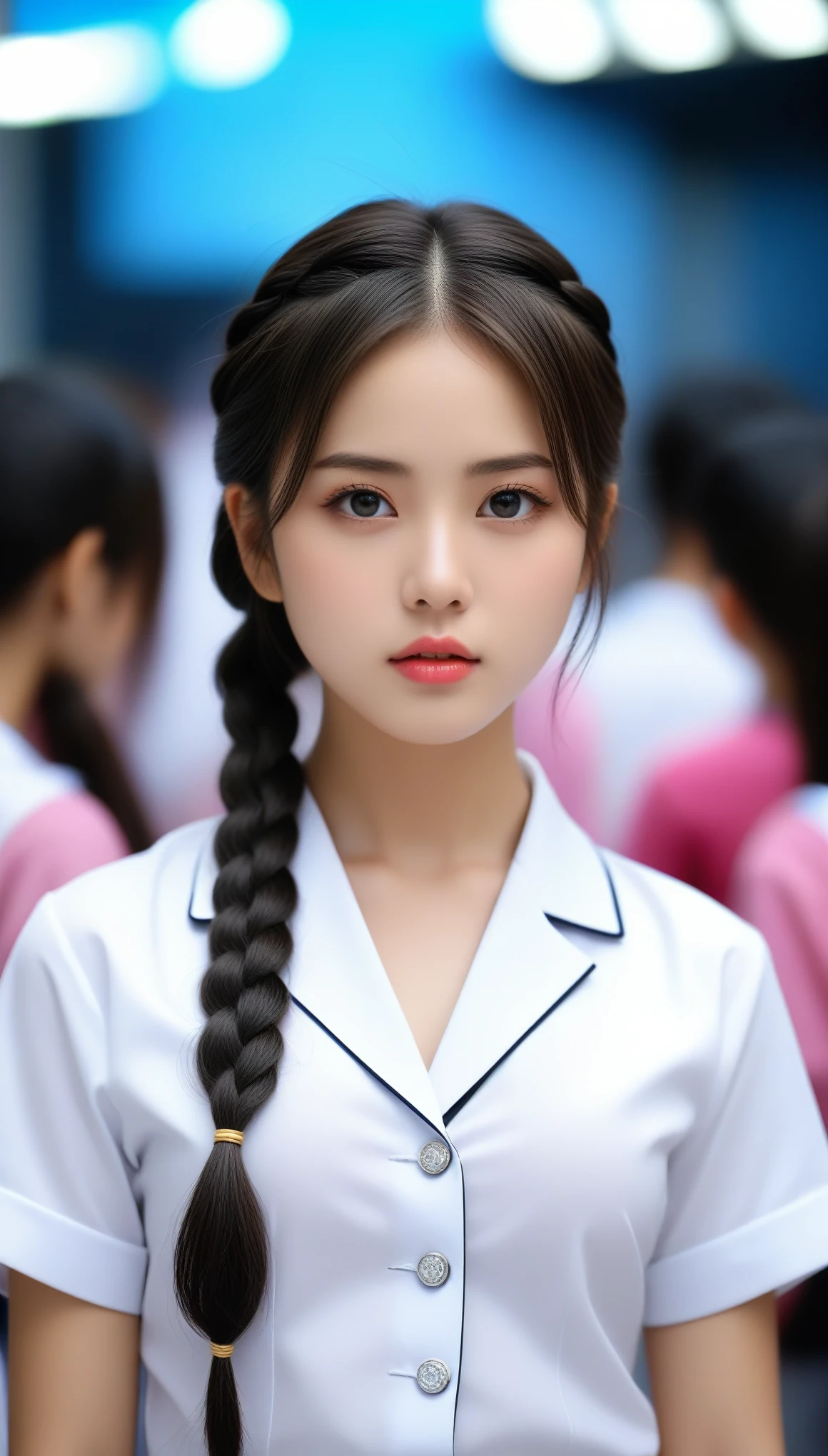 8k, Ultra-high resolution, Highest quality, masterpiece, Photograph by the Tripartite Method,Surreal, photograph,One Woman, (:1.3), cute, cute face, Beautiful eyes in every detail, Detailed in fine detail,masterpiece,One Girl:1.2,Japanese women,kindergarten, glaring,Black hair,braid,(twin braids:1.0),ID photo,(Kindergarten Uniforms:1.3),Eccentric,Future City,white collar,((Colorful Fashion)),(Beautiful attention to detail),Subtle details, Detailed face, Attractive eyes,(Portrait photograph:1.4),(Photorealistic images:1.4),Fantasy art,(Beautiful Face:1.4),beautiful Attractive eyes、Beautiful Eyes,Silver residue,(Tight waist:1.4)、(Beautiful with perfect body proportions:1.4),Pink Lips,profile,(((Ideal body type))),A-cup small breasts :2,、Portraiture:2、Perfect Anatomy、vivid detailed、detailed,Fashion magazine cover,Thin lips,Perfect and Beautiful Face perfect cute face, Skin with attention to detail, Perfect limbs、Narrow waist,Surreal,Light and shadow,spotlight, above waist, cleavage