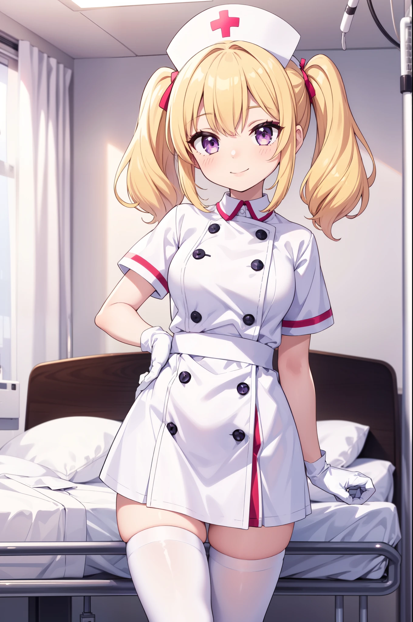 1girl, solo, nurse, nurse cap, white nurse uniform, ((white legwear, zettai ryouiki)), white gloves, twintails, yellow hair, purple eyes, smile, standing, ((hospital room)), sharp outline, short sleeves, best quality, masterpiece