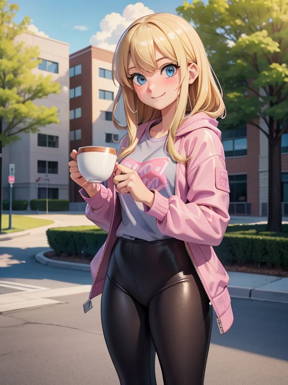 1girl, solo, blonde hair, blue eyes, a woman in her early 20's, she’s a freshman sorority girl, her appearance reflects her whimsical and bubbly personality. (holding a coffee cup:1.3). (Wearing: opened pink furred jacket, loose and baggy grey shirt, tight black leggings). Thrilled smile on her face, she’s ready for adventure, she’s standing. Background: outdoors, college campus.
