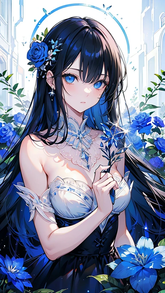 (ight, delicate and beautiful blue eyes: 1.2), masterpiece, Realistic, Sparkling Eyes, Shiny Hair, Black Hair, Long Hair, Shiny skin, Alone, Awkward, Strapless, delicate, beautiful, garden, flower, 風に舞うflowerびら,