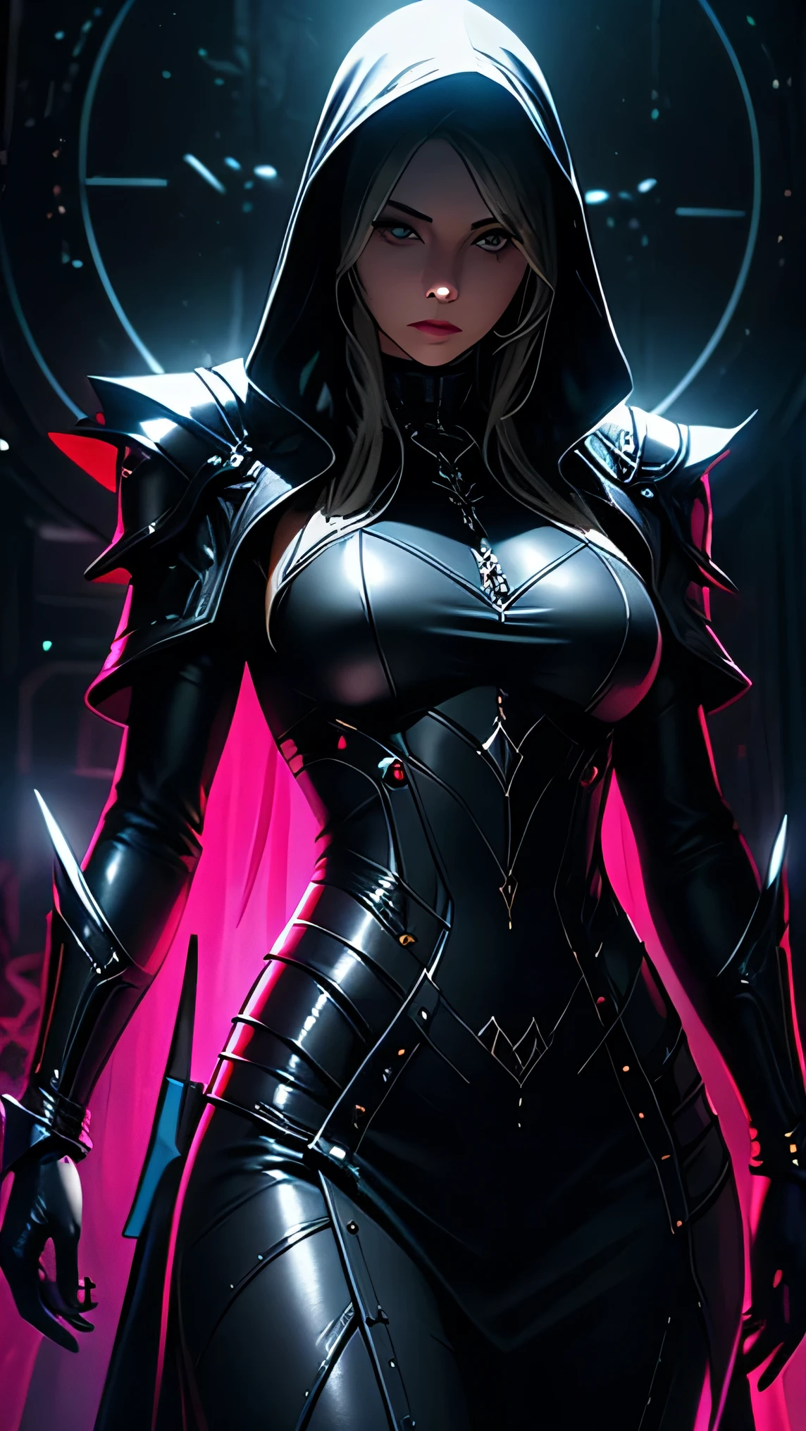 beautiful woman, Sharp focus, pro lighting, cinematic,(Realistic face details), complicated details, very high details, Realistic photos, 8k, super details, UHD, dynamic camera angle, dynamic pose, hooded, black light armor, hips up