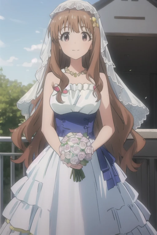 (masterpiece, Best Quality),Alone, One girl, Kirari Moroboshi, Wavy Mouth, Model body type,Tall,  large 胸, Long Hair, Side Lock,smile, (Perfect hands, Perfect Anatomy),, wedding dress, Strapless, necklace, White Dress,standing, Cowboy Shot, Holding a bouquet, Open your mouth, smile, Confetti, church,Soft Light, blue sky,Lily Hair Ornament, Standing, Veil