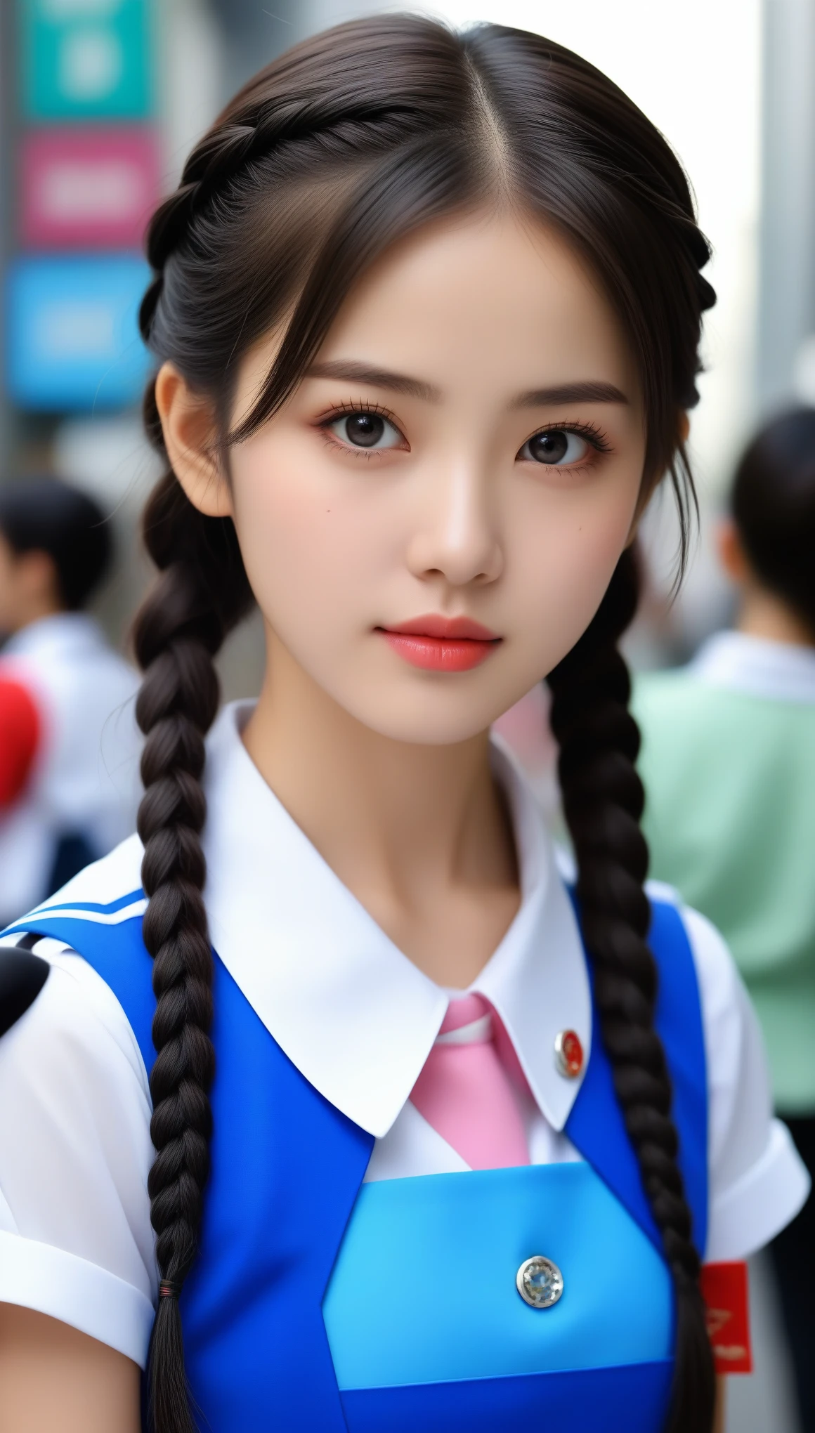 8k, Ultra-high resolution, Highest quality, masterpiece, Photograph by the Tripartite Method,Surreal, photograph,One Woman, (:1.3), cute, cute face, Beautiful eyes in every detail, Detailed in fine detail,masterpiece,One Girl:1.2,Japanese women,kindergarten, glaring,Black hair,braid,(twin braids:1.0),ID photo,(Kindergarten Uniforms:1.3),Eccentric,Future City,white collar,((Colorful Fashion)),(Beautiful attention to detail),Subtle details, Detailed face, Attractive eyes,(Portrait photograph:1.4),(Photorealistic images:1.4),Fantasy art,(Beautiful Face:1.4),beautiful Attractive eyes、Beautiful Eyes,Silver residue,(Tight waist:1.4)、(Beautiful with perfect body proportions:1.4),Pink Lips,profile,(((Ideal body type))),A-cup small breasts :2,、Portraiture:2、Perfect Anatomy、vivid detailed、detailed,Fashion magazine cover,Thin lips,Perfect and Beautiful Face perfect cute face, Skin with attention to detail, Perfect limbs、Narrow waist,Surreal,Light and shadow,spotlight, above waist, cleavage, smile