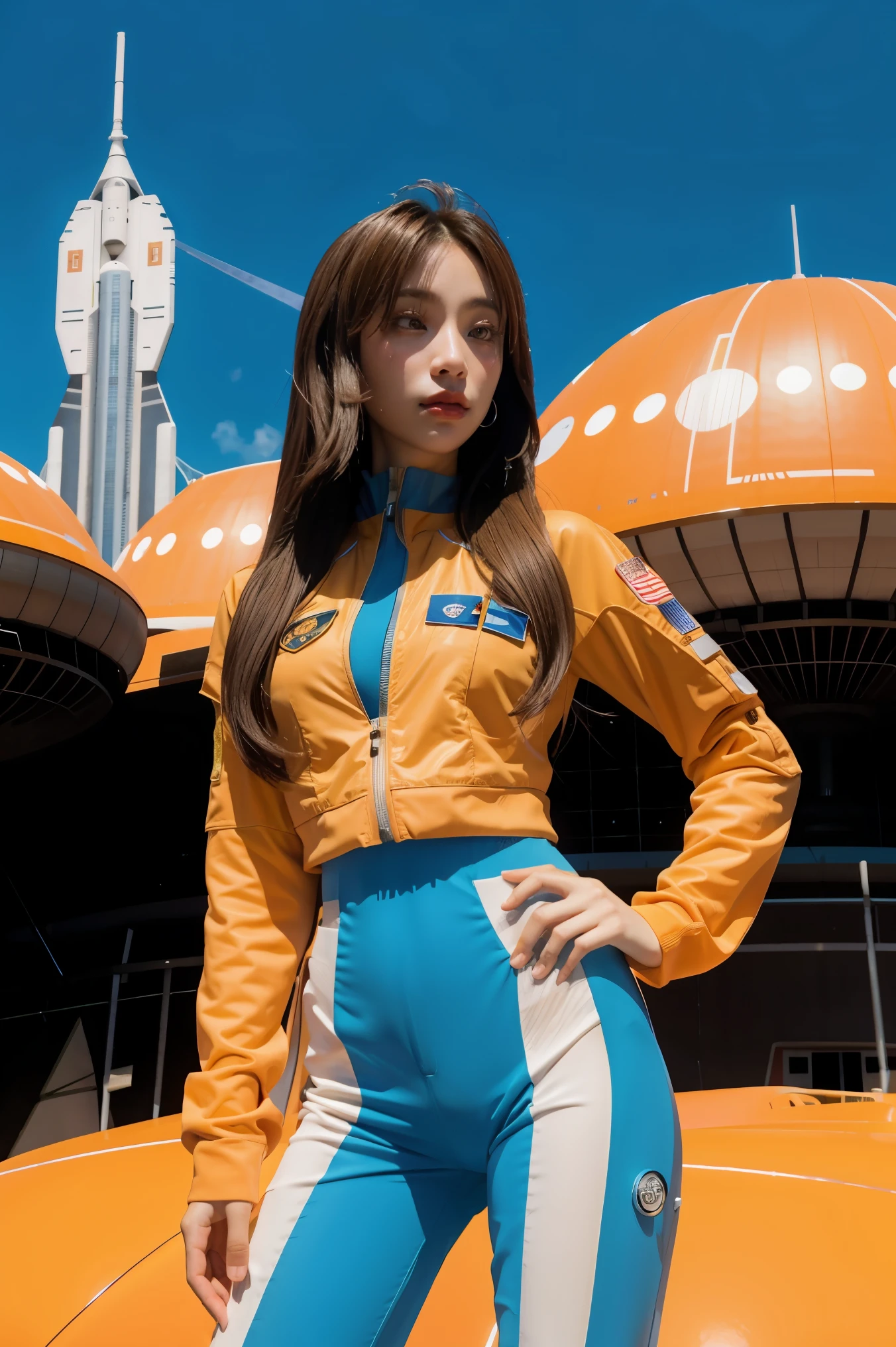 arafed image of a woman in a futuristic suit with a spaceship in the background, movie art, in front of an orange background, inspired by Robert McGinnis, female protagonist, megastructure in the background, portrait of an ai astronaut, astronauts, an astronaut, portrait of a astronaut skeletor, perfect android girl, frank franzzeta and sakimichan  