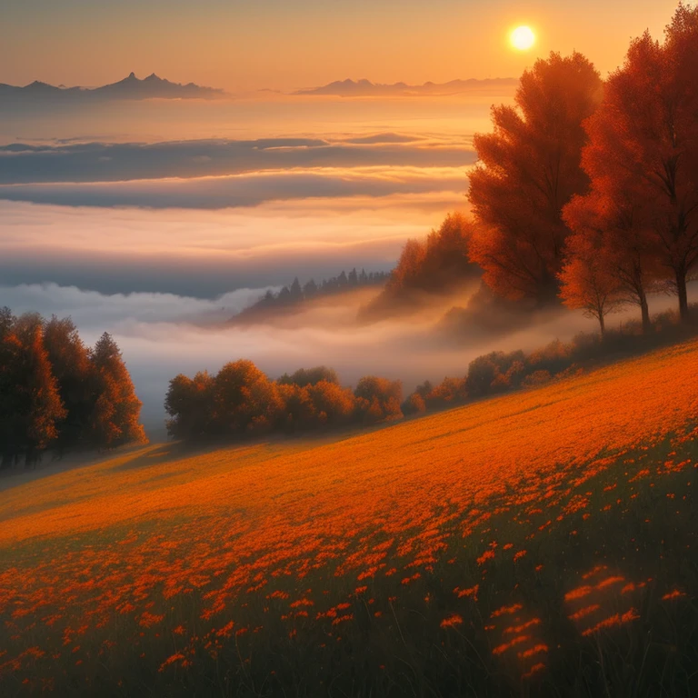 Autumn, meadow, sunset, Autumn, sky, mysterious, natural, fog, sensation,