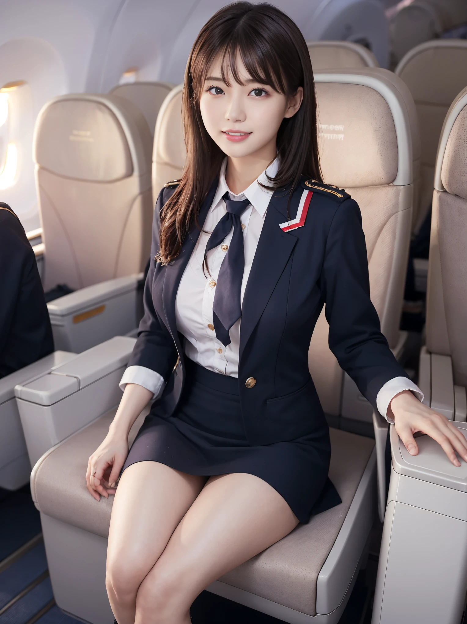 (best qualtiy,hyper HD, masutepiece, 16 K,Super Detail),Goose egg face,largeeyes,long eyelasher,Exquisite(Live-action realistic style),Star-like eyes,The Ultimate Face,Photorealistic light and shadow,Clear facial features,milky skin,Fair skin, highdetailskin,Realistic skin details,Visible Pore,(Super Detail),petite body,, full body Esbian,,(Flowing hair), SMOOTHNESS,Condescending smile,(((Dressed in flight attendant costume))),Beautifully decorated,Luxurious space,NSFW:1.07,(When you open your legs, Your white panties are exposed)、((Make eye contact with your audience、Smile at your audience))、in an airplane,cowboy shot,Stockings, , Short miniskirt, sit down and open legs,Sit with one leg upright