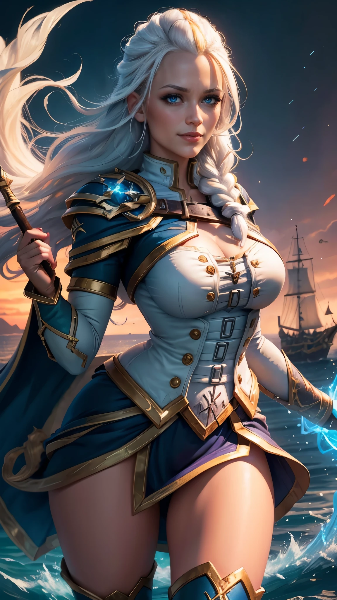 Jaina Proudmoore da warcraft,(best quality, 4K,8k,high resolution,work of art:1.2)(weather: sunset), treasure island background, pirate ship, wide hips, thick thighs, long curly hair, braided hair, white hair, long sleeve shirt, long pirate skirt, garter belt, pirate corset, thigh high boots, gloves, long cape, light makeup, dark eyeshadow, combat pose, ultra detailed,portrait,realistic,beautiful detailed blue eyes, beautiful detailed lips,extremely detailed eye and face, long eyelashes,average, large breasts,flying hair,beaming smile, happy smile, powerful girl, bright coloured, dramatic lighting, magic sparkles, magic staff,