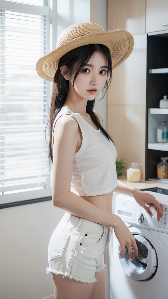 (black short ponytail:1.2),（Extremely meticulous CG 8k wallpaper），（Extremely refined and beautiful），（Masterpiece），（best qualtiy:1.0），（Ultra High Resolution:1.0),beautiful light up，Perfect lightning,realistic shaded，[A high resolution],(Smooth and flawless fair skin:1.5),Extremely exquisite facial details，ultra - detailed,A  girl,small head,happy,smile,Close Shot,at home,in toilet,(Next to the washbasin:1.3),small face,（perfect body:1.1）,small breasts，flat chest，slim,(white tank top:1.5),(white underwear:1.2),slender legs,upper body,portrait,(Sitting on the flush toilet:1.2),dirty atmosphere,(The garbage on the ground is piled up like a mountain:1.5),dawn,dim light