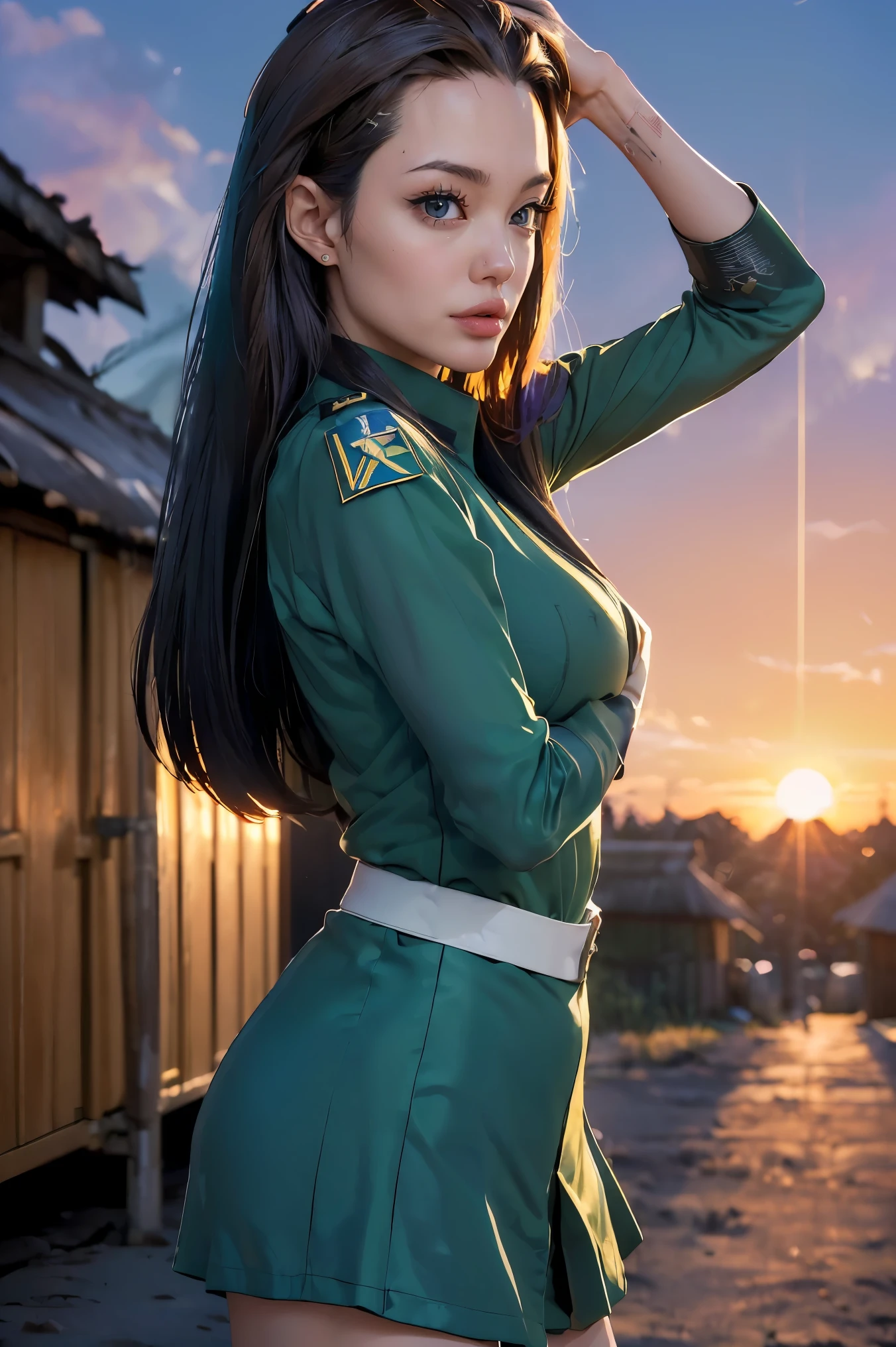 (((masterpiece,highest quality,In 8K,Super detailed,High resolution,anime style,absolutely))),A female officer of the Earth Federation Forces is standing,(alone:1.5),((ten huts:1.5)),(((seriously;1.5))),(((Salute with your right hand;1.5))),(((stretch your left hand straight:1.5))),(Angelina Jolie:1.5),(((The background is a military base 1.5))),((sunset:1.5)),((blur background:1.5))),break (Wearing the uniform of the Earth Federation Forces:1.5),(wearing federal employee&#39;hat of:1.5),(Beautiful woman:1.5),(Detailed facial depiction:1.5),(wallpaper:1.5),(whole body:1.5),((overlook:1.5))