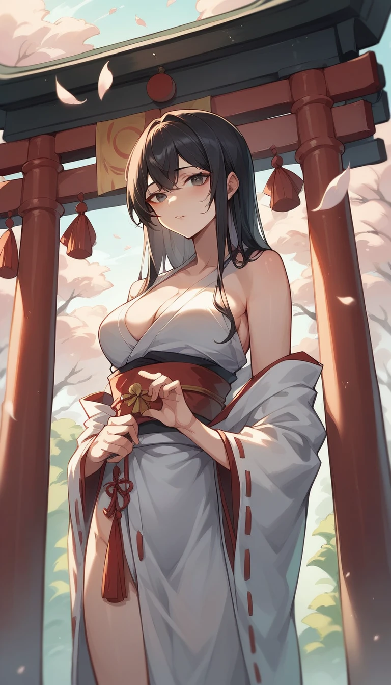A woman in a red and white dress sits on a wooden floor, Sakimichan, Yoshitomo Nara, sha xi, Japanese Goddess, Sexy :8, Sakimi Chen, author:Yang J, Oriental Fantasy, Ethereal Beauty, underwear, Ghost Festival, Beautiful Chinese model, Traditional Beauty, Wearing Kimono