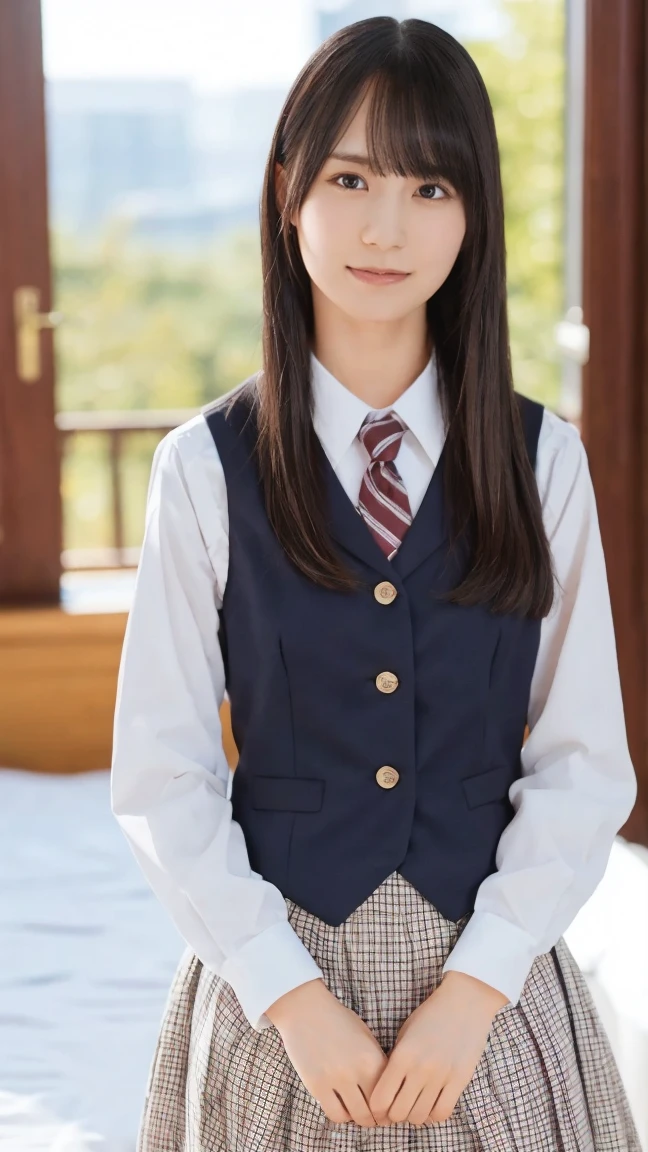 One Girl,Checked Skirt,Navy blue vest,tie,(RAW Photos, Best Quality),Hotel Bedroom,(moonlight:1.4),Knight,,(Realistic, photo-Realistic:1.2), ,((20years old):1.6),(Petite body:1.2),(low length:1.4),masterpiece,Young ,Very delicate and beautiful, 非常にdetailed, 2k, wonderful, detailed, 非常にdetailed 8k , 非常にdetailed, High resolution, Moody lighting, 美しいdetailedな女の子, 非常にdetailed eyes and face, Beautiful and detailed nose, Attention to beautiful details,whole body,Perfect Anatomy,Slender body,(Long hair with bangs),sexy,whole bodyのポートレート,