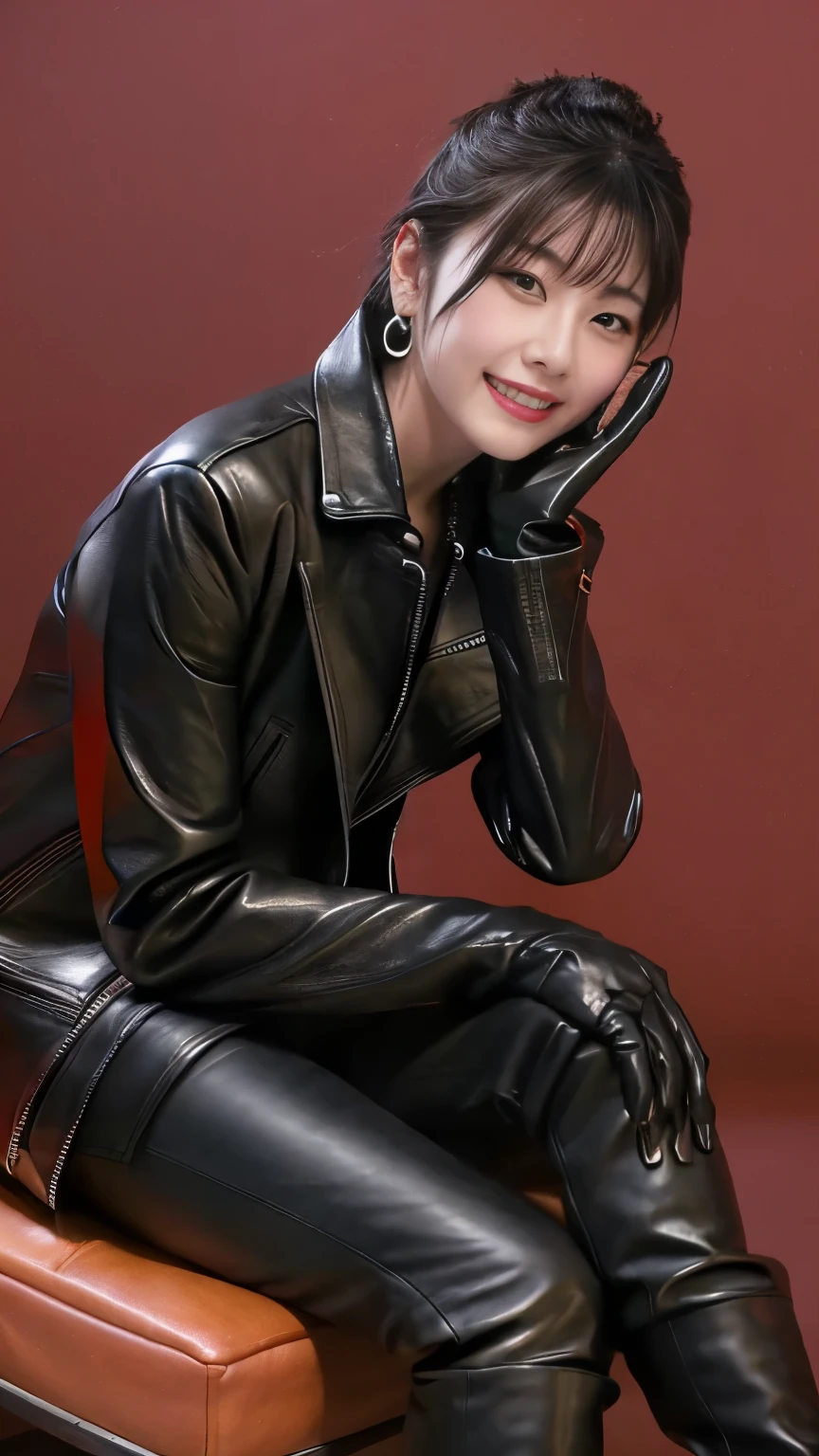 日本の若いかわいい笑faceの女性秘書, Black leather rider jacket, Black leather shirt, Black Leather Skinny Pants, Black leather long boots, He wears black leather gloves on both hands, 8k, Sitting on a bench in a park in the summer afternoon, ((With both hands in black leather gloves)), Smiling while operating a tablet, necklace, Earrings, Next to it are rider gloves., Black leather gloves on both hands, Black hair ponytail Black leather rider jacket, Office in the Dark, Black leather gloved fingertips on both hands,Wearing black leather gloves,Sitting in a black leather chair、 Japanese female new recruits (Black leather gloves cover both hands) (The angle is horizontal)、Black Leather Pants,Black Leather Black Leather Pants,Black Leather Skinny Pants、very tight fit.   Long black leather boots on both feet、Black hair ponytail ((He wears black leather gloves on his hands))Full Body Photo,full body shot full body full body leather suit,☺Leather pants tucked into long boots、Full body shot from head to toe、very tight fit. If you turn in this direction。Wearing black leather gloves,Wearing black leather gloves,Wearing black leather gloves,Wearing black leather gloves,Wearing black leather gloves,Wearing black leather gloves,黒のレザーパンツが美しい😍黒のレザーパンツが美しい😍黒のレザーパンツが美しい,😍Smiling while looking at me,City lights、((Neon Cyberpunk City Street:1.3))、(Neon Light)、Detailed lighting、

Best image quality、Ultra-high resolution、(realism:1.4)、Korean Beauty Star、The most beautiful KPOP stars、face、Horny Korean Makeup、A body that makes you want to touch it、Realistic leather texture、Costume made of smooth leather fabric、The drape of the curved parts of the leather fabric、The costume is very shiny、Quality of the costume、8k写真品質