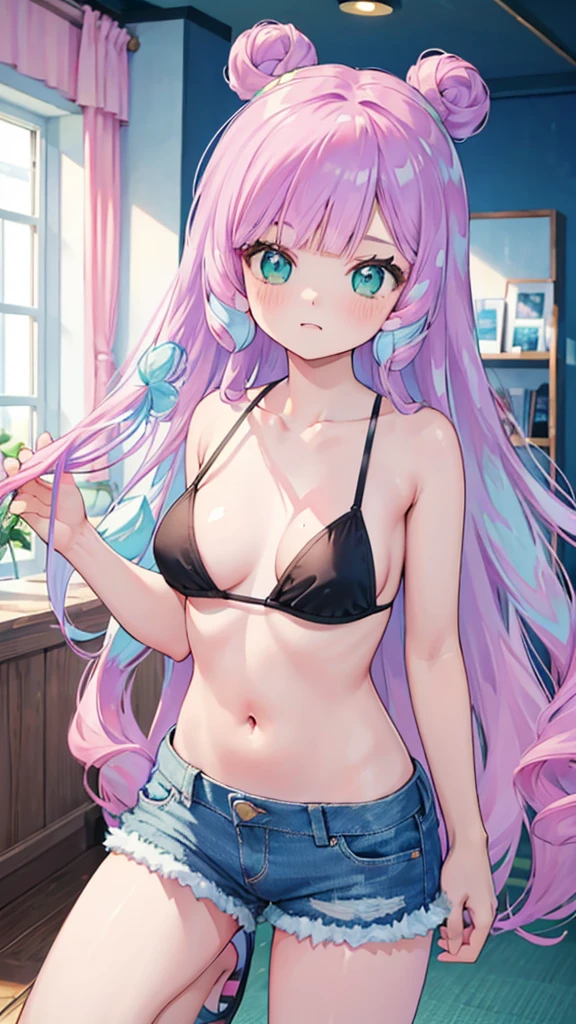 Hand Repair,Best Quality,masterpiece,8k,Indoor Background,Long Hair,pink and light blue color Gradient Hair,Highlight Eyes,Green Eyes,topless,Black micro bikini,Cleavage,Denim shorts,Facing forward,NSFW