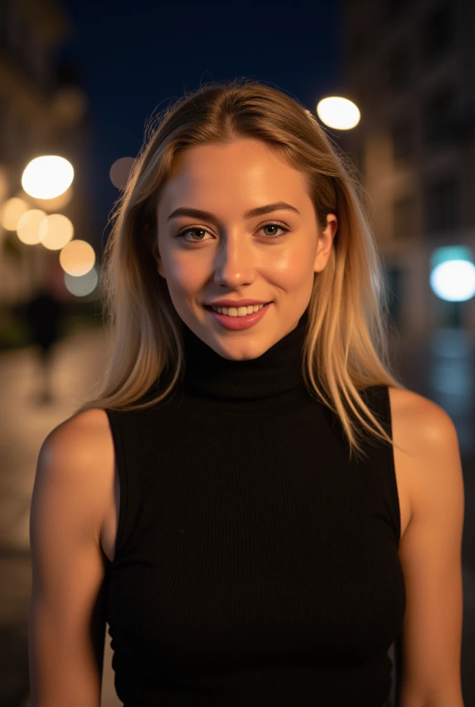 1girl,(wearing a sleeveless turtleneck sweater:1.4),(RAW photo, best quality), (realistic, photo-realistic:1.4), masterpiece, an extremely delicate and beautiful, extremely detailed, 2k wallpaper, Amazing, finely detail, extremely detailed CG unity 8k wallpaper, ultra-detailed, highres, soft light, beautiful detailed girl, extremely detailed eyes and face, beautiful detailed nose, beautiful detailed eyes,cinematic lighting,city lights at night,perfect anatomy,slender body,close up,(smiling),blonde hair