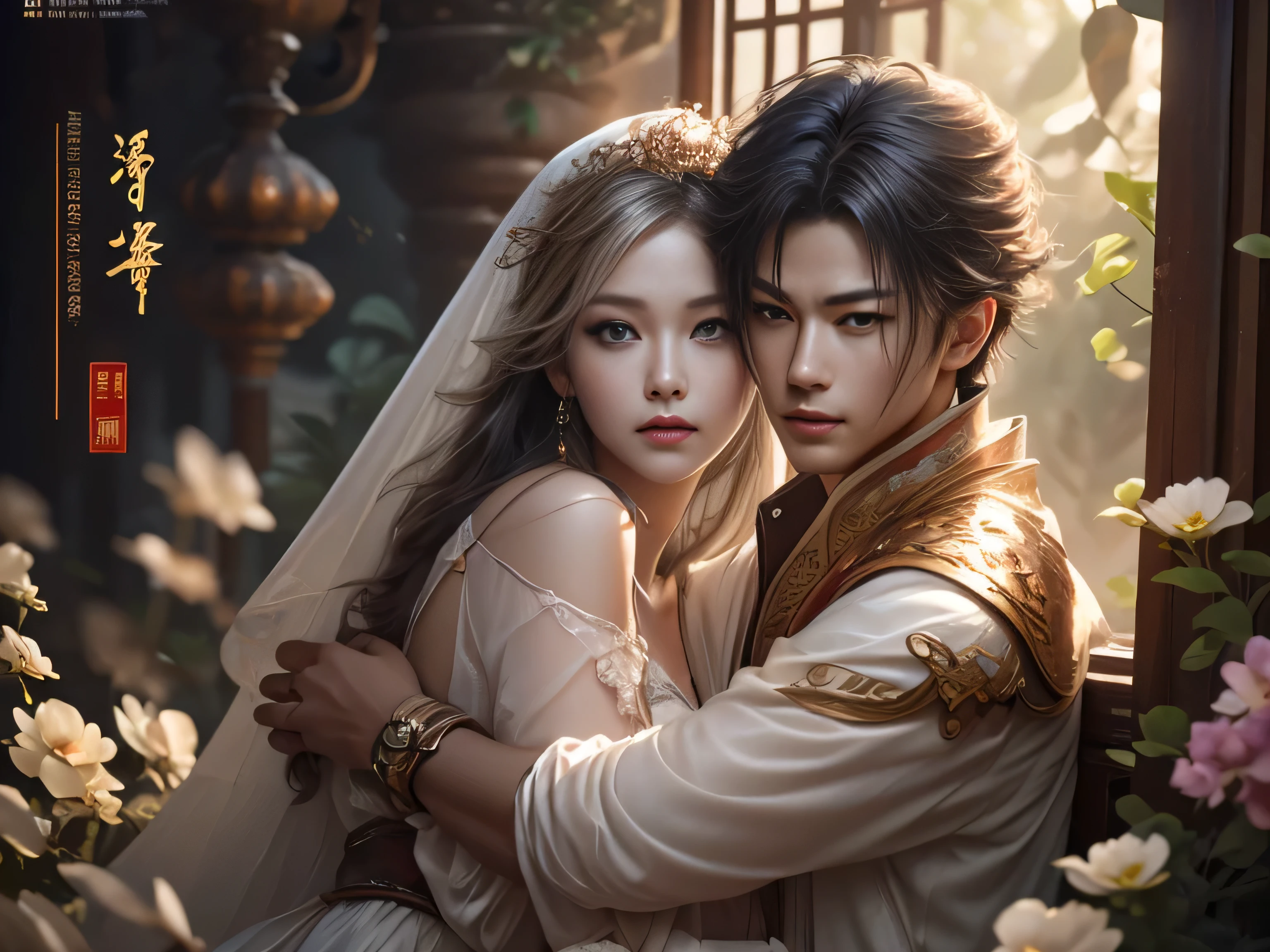 (Best Quality, Super Detail, Masterpiece, Representative Work, Official Art, Professional, Super Fine Detail, 8k:1.3), (photorealism:1.2), (Couple, Beautiful Girl and Boy), A couple in the sea of flowers, Handsome guy hugs beautiful girl from behind, Smiling and Wearing White Clothes, Delicate Hair, Chinese Beauty and Handsome Man, Wearing Ancient Chinese Clothes, Flowing Tulle, Light Silk, Create a movie poster similar to those used in Chinese romantic fantasy dramas, Correct proportions, Perfect face, perfect hands, Sweet atmosphere, Photorealistic, Sharp Focus, Dreamy Atmosphere, Delicate Details, Soft Volumetric Light, (Backlight:1.3), (Cinematic:1.2), Intricate Details, (ArtStation:1.3)