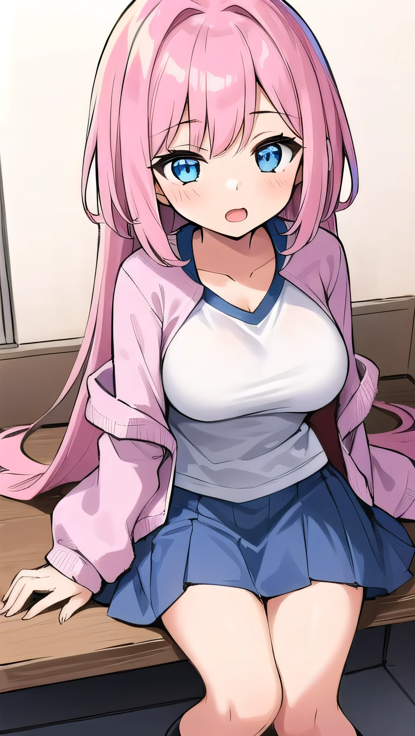 1girl,独奏,looking ramdom,blush,embarrassed,ramdom emotion,pink hair,pink(track_jacket),zipper ,short pleated skirt,(gotoh history), long hair,straight hair,long bangs, cube hair ornaments,masterpiece,extremely detailed,insanely detailed,huge breasts,narrow_waist,Blue eyes,((shirt lift)),clothed bra,(colored bra),cleavage,(large breast:1.2),big tits,wide tits,round breast,busty,Toned body,Thin limbs,sweat,breath,blush,Estrus, perfect body,floox style, rating_explicit, floox style, high resolution,,, expressiveh,, perfect anatomy, masterpiece, 独奏, naughty face,,,, , ,,detailed eyes, indoors,close-up, breasts focus,round breasts,blush,Slim figure,grabbing breasts,My chest is crushed by being grabbed,pov hands,((breast grab)),(Ecstatic expression,A melting expression,shame,Feeling of weakness,Ecstasy face,Climax face),(Chest-rubbing motion),(My chest is shaking:1.2),Breast shaking