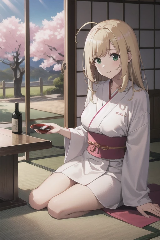 sato shin, Blonde, Ahoge, green eyes, Large Breasts, long Blonde, (Straight hair:1.2), happy, Solo Focus, close, Sitting, Watching the audience, Absurd, High resolution, (official art, beautifully、aesthetic:1.2), Ultra Detail, Japanese clothing, white kimono, hostel, landscape, table, food, indoor, tree, cherry blossoms, tatami, window, vase, (Painting Objects:1.1), sunlight, Sliding door, Sake cup, Wine Bottle,Autumn sky,autumn leaves