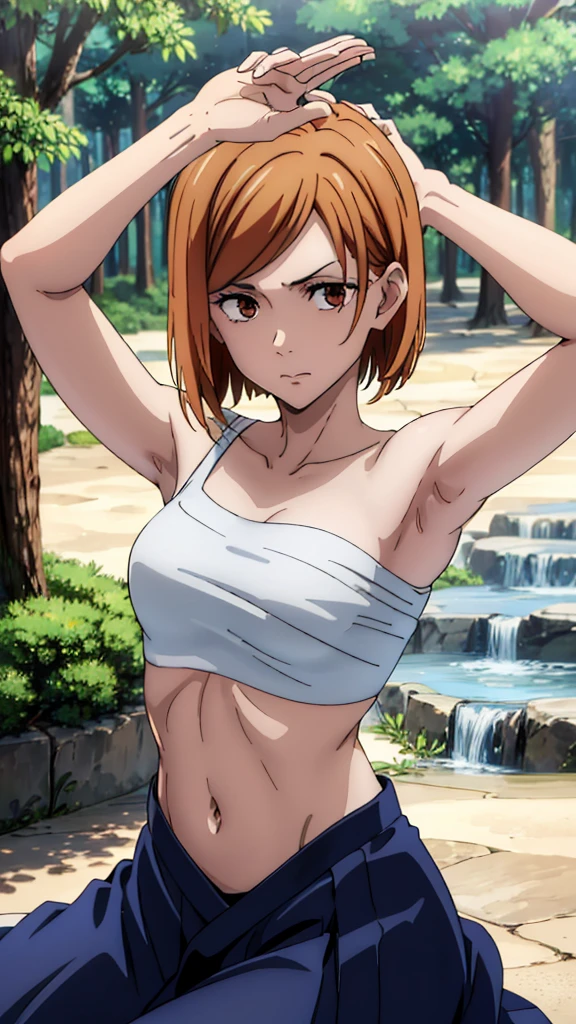 masterpiece, High resolution, Alone, 8k, detailed, Perfect Face, Best Quality, (super high quality), (Seated audience), (side), clavicle, Exposing arms, bare shoulders, Large Breasts, Clevis, orange hair, short hair, Brown eyes, Gradient eyes, stomach, stomach, belly button, stomach筋, sarashi chest, Bandaged Chest, (Navy blue hakama), Slender body, Upper Body, Expressionless, Flat face, Mouth closed, In the forest, Raise your hand