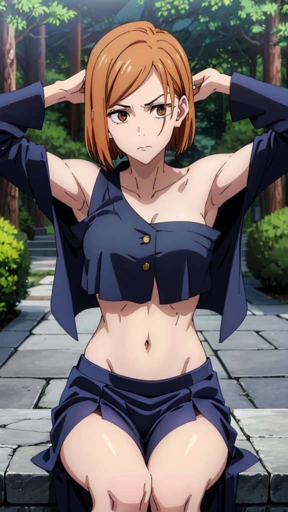 masterpiece, High resolution, Alone, 8k, detailed, Perfect Face, Best Quality, (super high quality), (Seated audience), (side), clavicle, Exposing arms, bare shoulders, Large Breasts, Clevis, orange hair, short hair, Brown eyes, Gradient eyes, stomach, stomach, belly button, stomach筋, sarashi chest, Bandaged Chest, (Navy blue hakama), Slender body, Upper Body, Expressionless, Flat face, Mouth closed, In the forest, Raise your hand