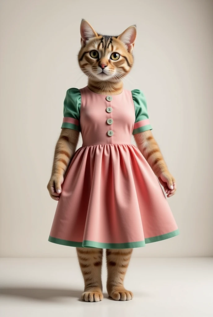 cat wearing watelmelon dress in three different poses, without background