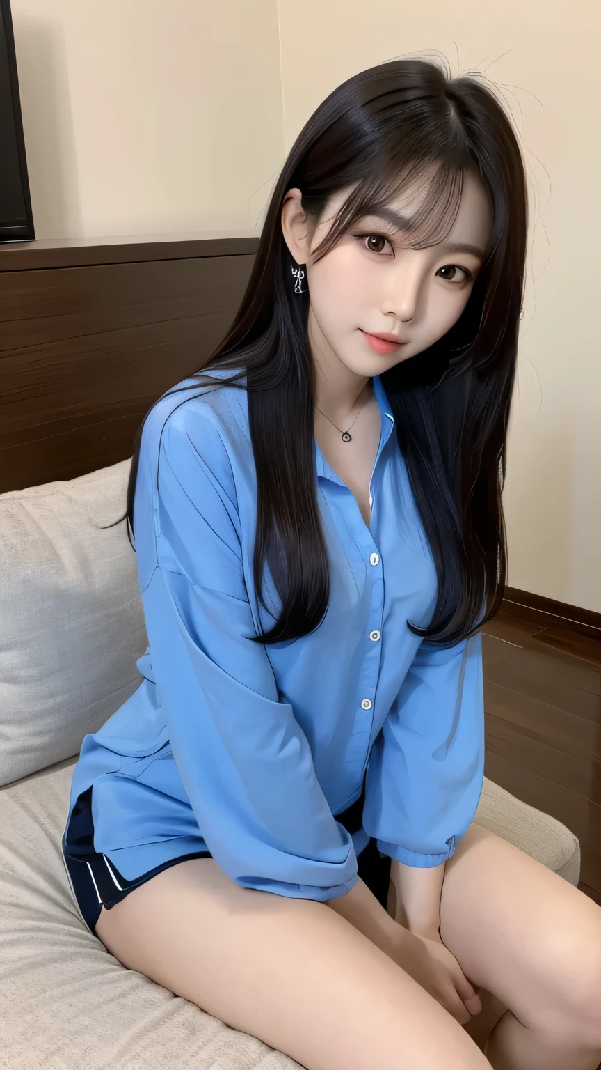 Big breasts, white sexy uniform, slender legs, Baek Cheol's skin, intaglio idol, super long wavy hair, Korean beauty, beautiful and detailed woman, very detailed eyes and face, beautiful detailed eyes, ridiculous, incredibly ridiculous, huge file size, super detailed, high resolution, very detailed, best quality, masterpiece, illustration, very detailed, CG, unity, 8k wallpaper, amazing, fine detail, masterpiece, best quality, very detailed CG uniform 8k wallpaper, face light, Movie lighting, kneeling on the bed, shy expression, showing chest, childlike big breasts