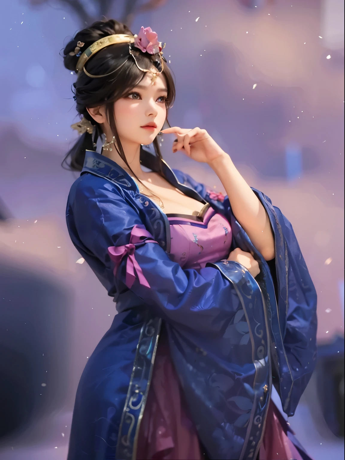 A woman in a blue dress and pink top poses., Inspired by Litang, Beautiful Fantasy Queen, Beautiful portrait, Inspired by the Zhulian, Inspired by trees, Inspired by Wu Li, Yunryeong, Inspired by Lan Ying, Inspired by Ujjurun, Full body prehistoric, Lee Chun&#39;portrait, Lee Chun&#39;portrait, big breasts