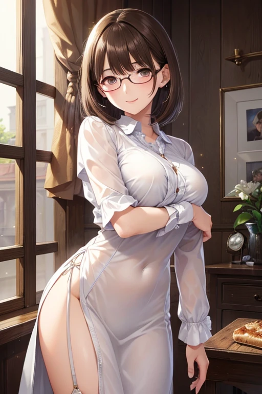 Night time,(Masterpiece), Best Quality, ultra-detailed, 1girl (eri,  Slender and sexy body, huge breasts, wide hips, naked body  brown hair, long wave hair, brown eyes,half-closed eyes, spectacles),evil face, smirk,parted lips,  facing viewer, looking at viewer, solo, maid (black), frill, apron, ultra mini skirt, skirt lift, pussy, maid headdress, black lace  thighhighs, in the  bedroom, standing,  Sexy waist teasing, come-on, lure, spread legs , skirt lift, love juice flows out of her pussy 