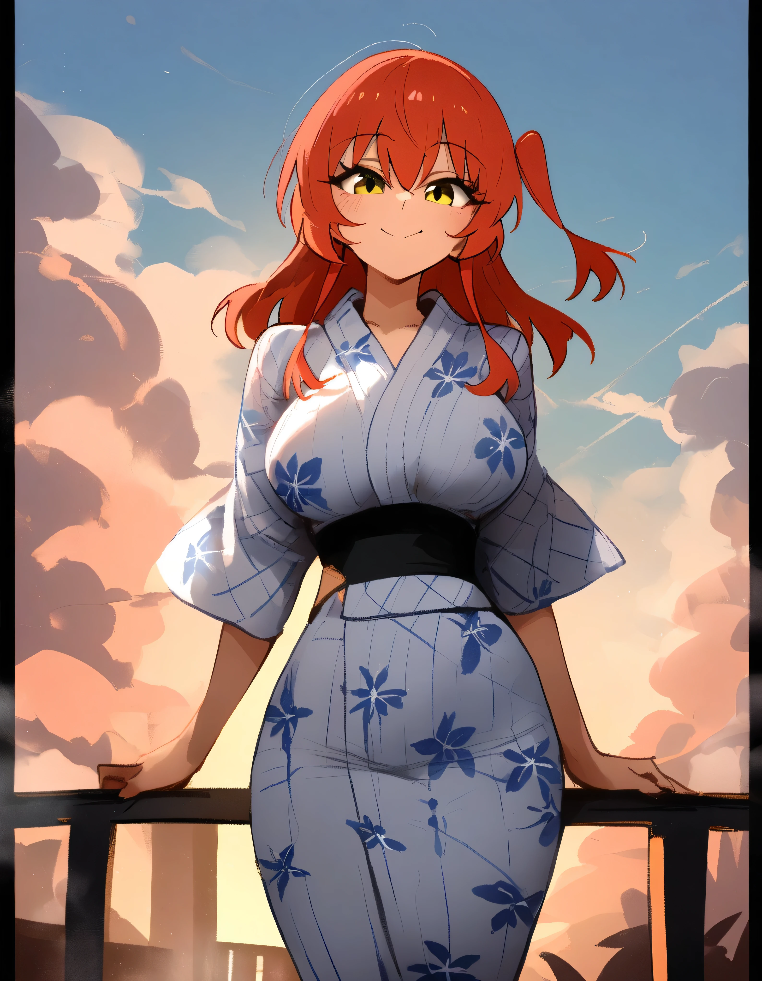 1girl, kita ikuyo, bocchi the rock! \\\\\ masterpiece, best quality, newest, absurdes, ///// nyantcha, khyle, \\\\\ big breasts, thin waist, thin, skinny, looking at viewer, skindentation ,serious, straight-on, solo, squishy breasts, smile, yukata, sky, clouds, outside border,