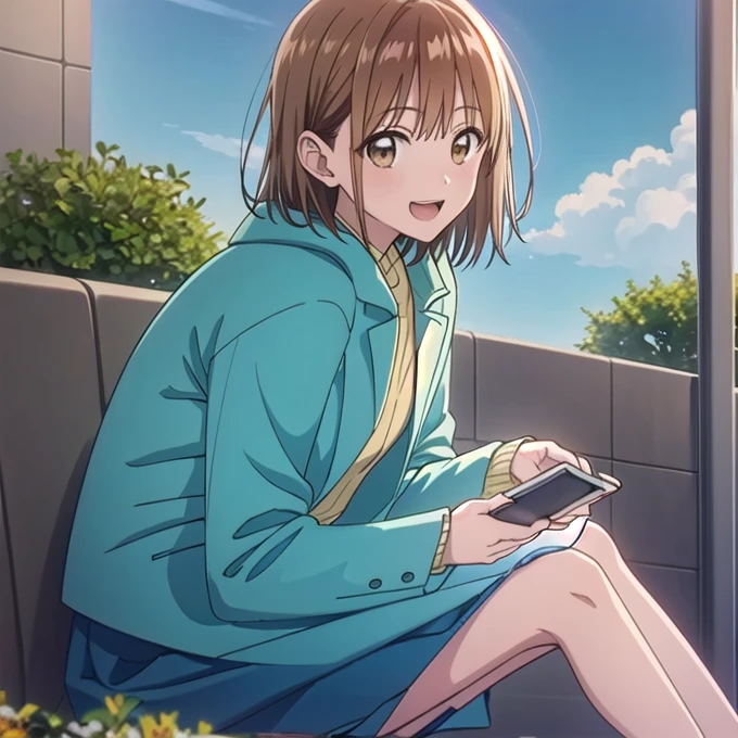 Full Body Shot,(masterpiece:1.2), Best Quality,((((High resolution)))), Unity 8K Wallpapers, (shape:0.8), ((((Highly detailed face)))), perfect lighting, (((Extremely detailed CG))), One Girl, bangs, Blue Skirt, Brown eyes, Brown Hair, Mobile phone coat, holding, Have a mobile phone, food, food down, food  jacket, Gazing at the audience, short hair, Sitting, smile, Alone, tileフロア, tile壁, tile,((garden)),(((blue sky))),(((Sit on a chair))),((Open your mouth))