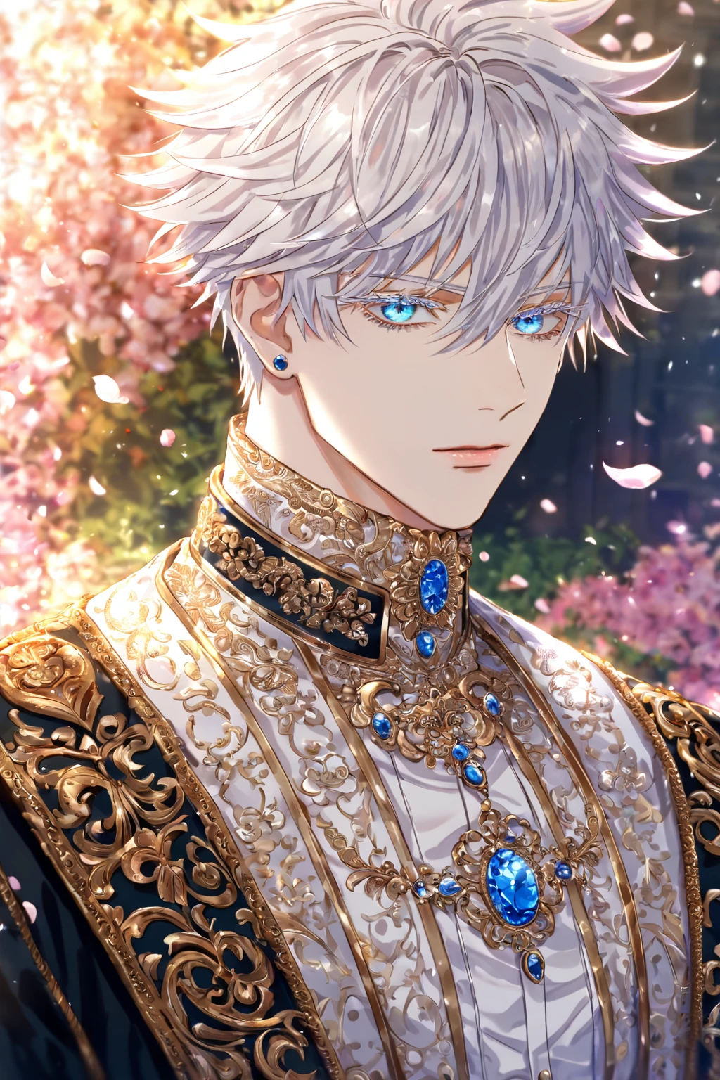 (masterpiece, 8k, best quality:1.3), absurdres, highres, ultra detailed, HDR, (detailed beautiful face and eyes), standing, 1boy, male focus, solo, Gojo Satoru, white hair, short hair, spiky hair, hair between eyes, blue eyes, white eyelashes, (wearing black blaser, white shirt, Fantasy Male Outfits, elegant, intricate jewelry, high fashion), handsome, sexy man, sensual, garden background, fantasy, glittering, petals, (professional lighting), Jujutsu Kaisen, (SuperQuality:1.0) ~ (SuperQuality:1.2)