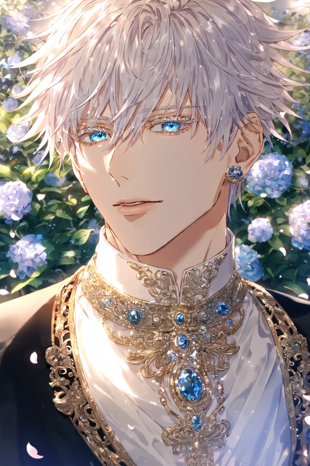 (masterpiece, 8k, best quality:1.3), absurdres, highres, ultra detailed, HDR, (detailed beautiful face and eyes), standing, 1boy, male focus, solo, Gojo Satoru, white hair, short hair, spiky hair, hair between eyes, blue eyes, white eyelashes, (wearing black blaser, white shirt, Fantasy Male Outfits, elegant, intricate jewelry, high fashion), handsome, sexy man, sensual, garden background, fantasy, glittering, petals, (professional lighting), Jujutsu Kaisen, (SuperQuality:1.0) ~ (SuperQuality:1.2)