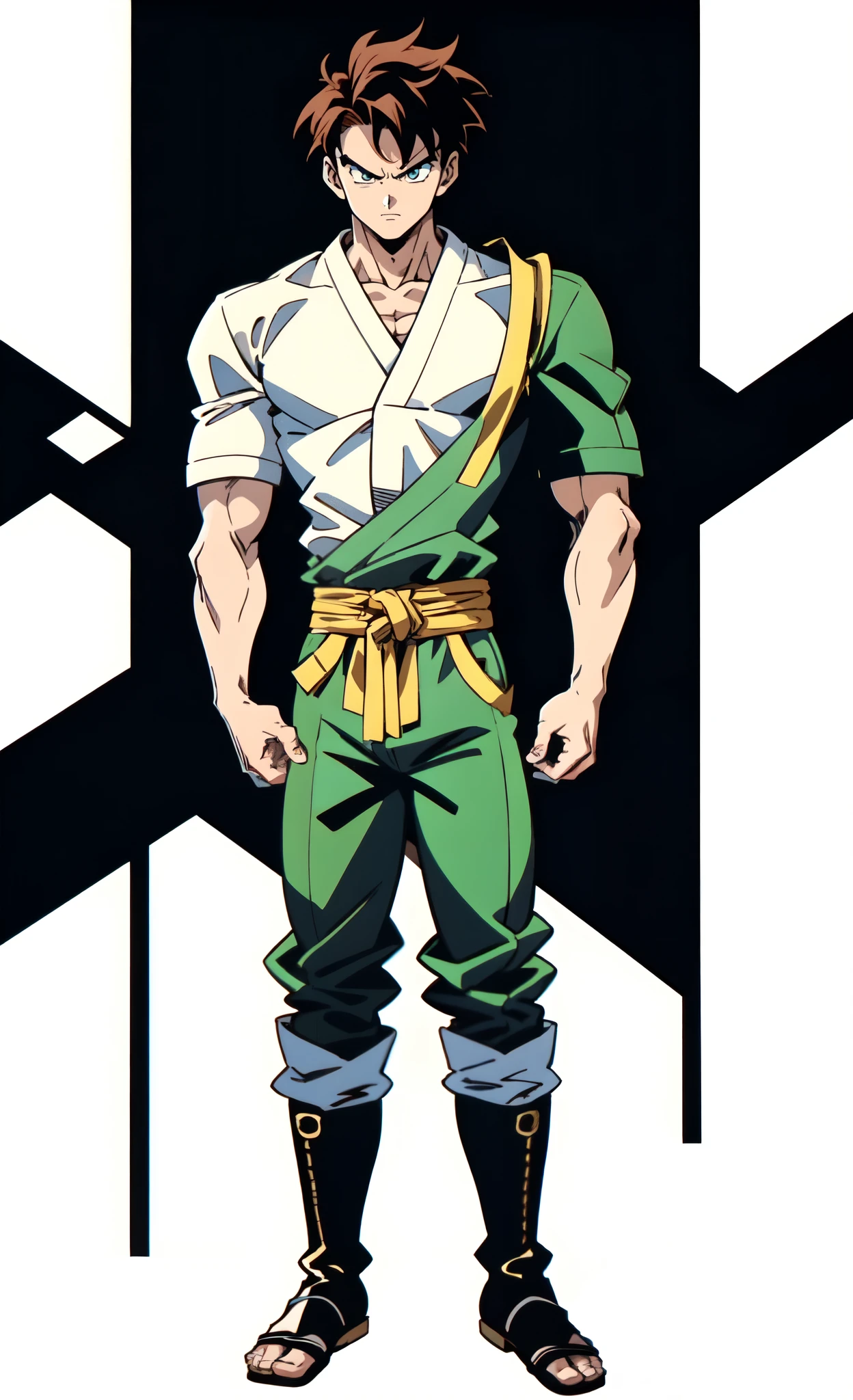 (masterpiece:1.2, best quality:1.2, extremely delicate:1.2), ((male:1.5)), a young man with a spiky upright black hair in the style of Akira Toriyama, parted bangs, raised eyebrows, sharp eyes, serious expression, tall and muscular build, dark skin, fantasy martial arts-style Southeast Asian outfit, a shirt, a diagonally draped Sabai, wide waistcloth, coarse fabric pants, tall boots, this character embodies a finely crafted fantasy martial arts style Southeast Asian fighter in anime style, exquisite and mature manga art style, dramatic, high definition, highres, ultra-detailed, ultra-fine painting, professional, perfect body proportions, golden ratio, anatomically correct, symmetrical face, extremely detailed eyes and face, high quality eyes, creativity, RAW photo, UHD, 32k, Natural light, cinematic lighting, (masterpiece-anatomy-perfect:1.2)