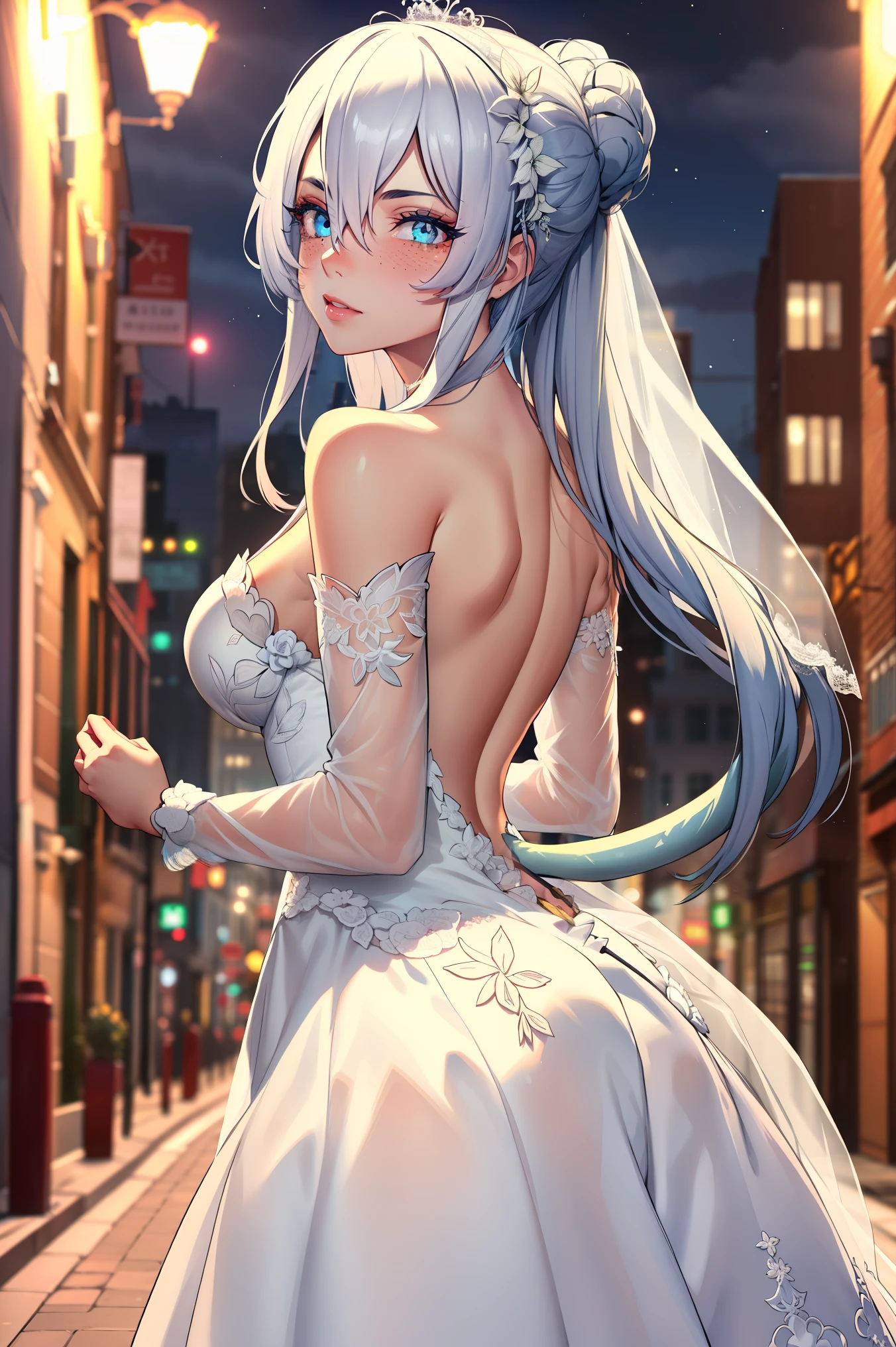 1girll,blue color eyes,
BREAK (transparent tulle wedding dress with long sleeve and long tail:1.2),
BREAK standing ,(((cute pose)), cute blush, (city), wind, blush, ((milf)), night, busy street,((arms behind back:1.5)),
BREAK (art: 1.2), best quality, high resolution, 8k unitary, (illustration: 0.8), (beautiful detailed eyes: 1.6), extremely detailed face, perfect lighting, extremely detailed in CG, (perfect hands, perfect anatomy),