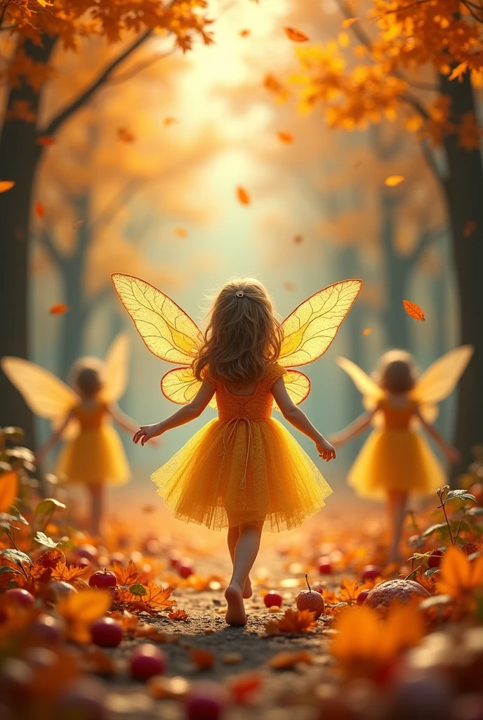An 18-year-old girl with long brown hair wearing a bright orange dress with green accents and bee wings and antennae walking past several orange trees.