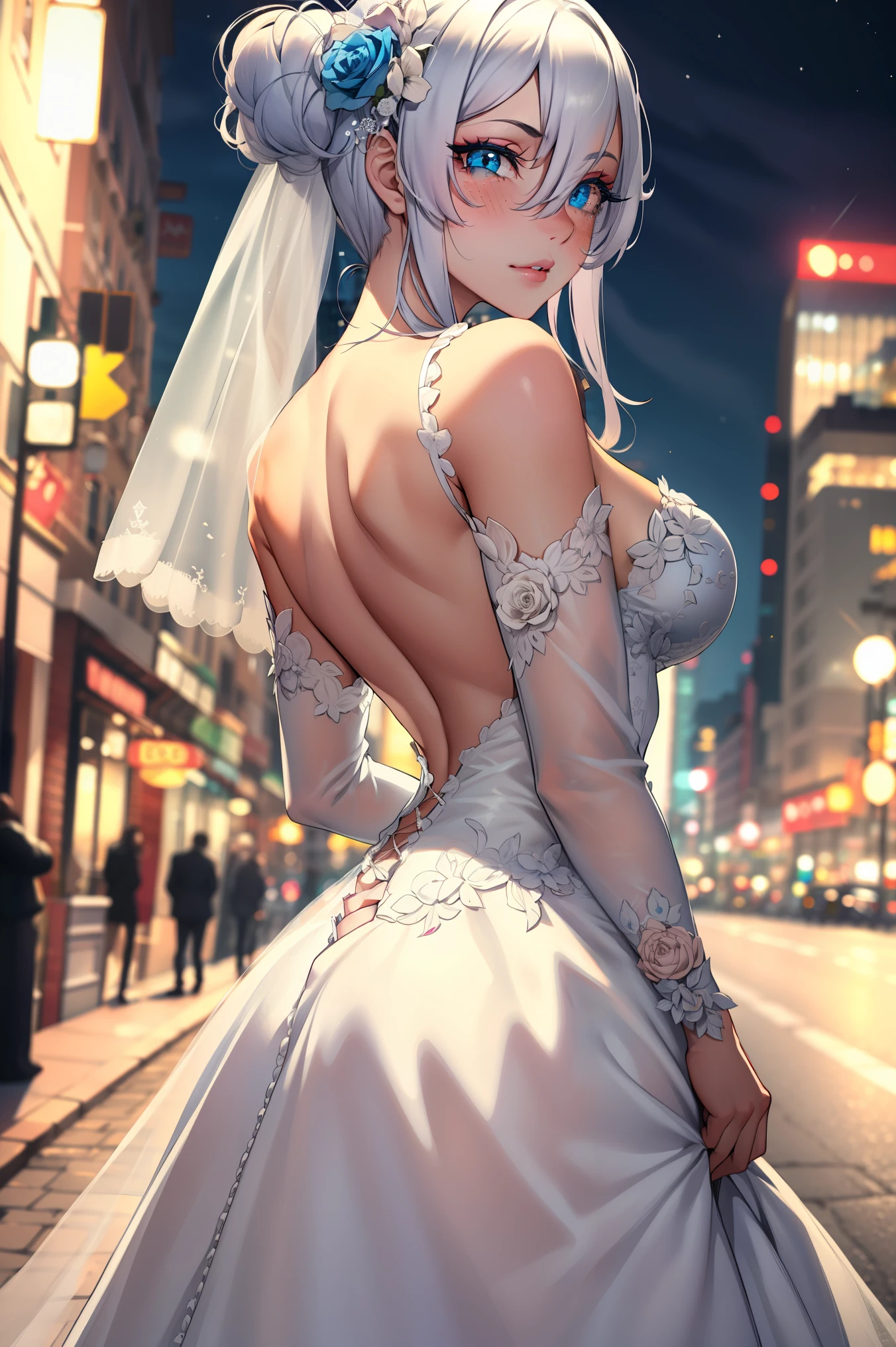 1girll,blue color eyes,
BREAK (transparent tulle wedding dress with long sleeve:1.2),
BREAK standing ,(((cute pose)), cute blush, (city), wind, blush, ((milf)), night, busy street,((arms behind back:1.5)),
BREAK (art: 1.2), best quality, high resolution, 8k unitary, (illustration: 0.8), (beautiful detailed eyes: 1.6), extremely detailed face, perfect lighting, extremely detailed in CG, (perfect hands, perfect anatomy),