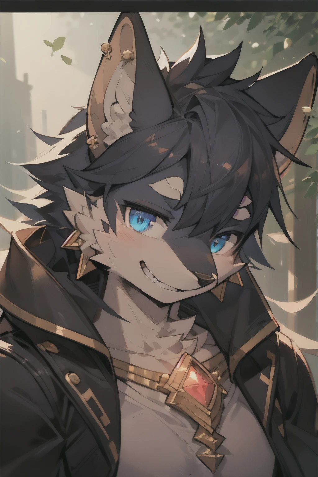 A majestic masterpiece!A dramatic close-up shot of the enigmatic black fox, framed by a dark, misty forest backdrop. Soft, golden light illuminates his sleek fur, accentuating the intricate details of his mystical adornments: two gleaming earrings on either ear. His piercing gaze, featuring one bright blue eye and one rich purple eye, seems to hold an otherworldly allure. A mischievous grin plays on his lips, inviting the viewer into a realm of mystery and seduction.