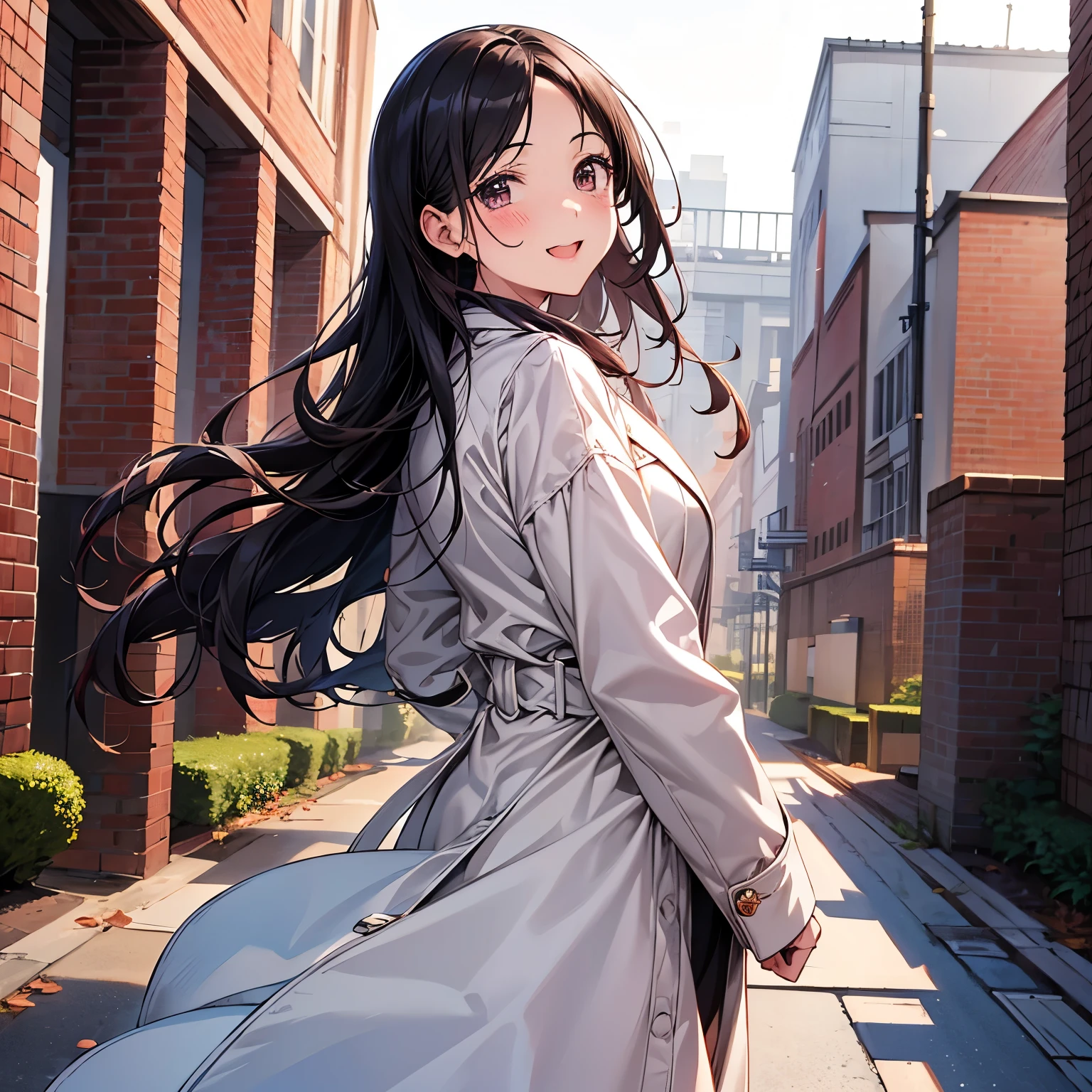 The entire Yokohama Red Brick Warehouse is in the background　A woman with long black hair looking back　Smiling face　Pale pink dress　White trench coat on top　Time slot: 3pm　Seasonal feeling December　Date image