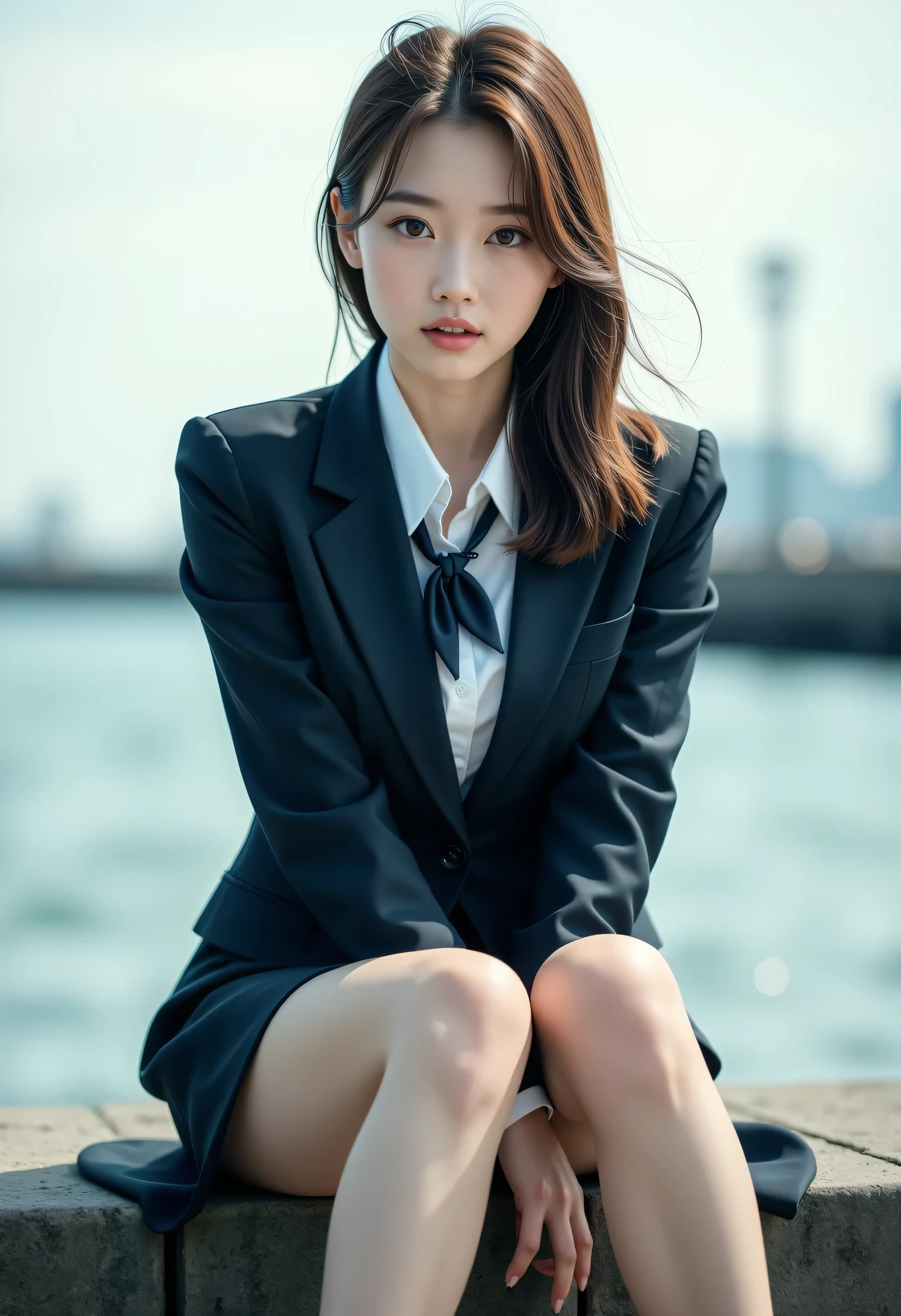 Best Quality, Realistic, Super detailed, finely, High resolution, 8K wallpaper, 1 beautiful Japanese woman,, Light brown messy hair, Wearing a business suit,Wear a side slit mini skirt、 Detailed and beautiful eyes, Thin Hair, Beautiful legs、talk、Sitting on the breakwater