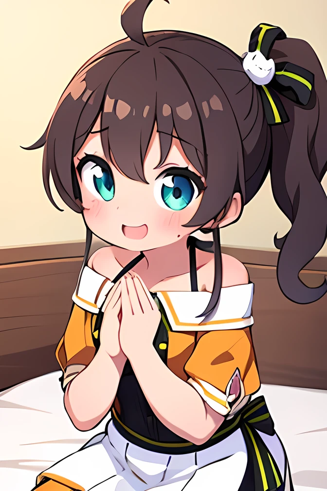 One Girl,iris,((Side Ponytail)),Normal height,No dialogue,No text,Red cheeks,A big smile,((Raise your hands and celebrate your victory)),(Sweaty),Sitting on the bed in the bedroom,