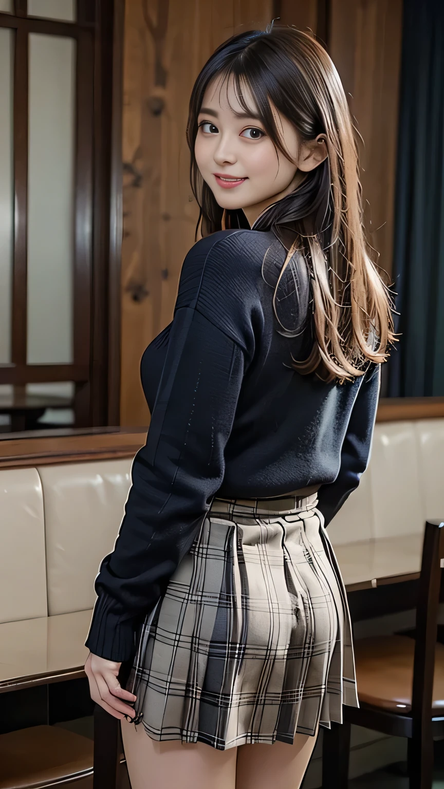 nsfw,dress shirt,school cardigan,(checked and pleated skirt),adult body,huge buttocks,japanese female,dynamic pose,from behind,back shot,thick thighs,seductive cute face,tender smile,upskirt,(skirt up:1.2)