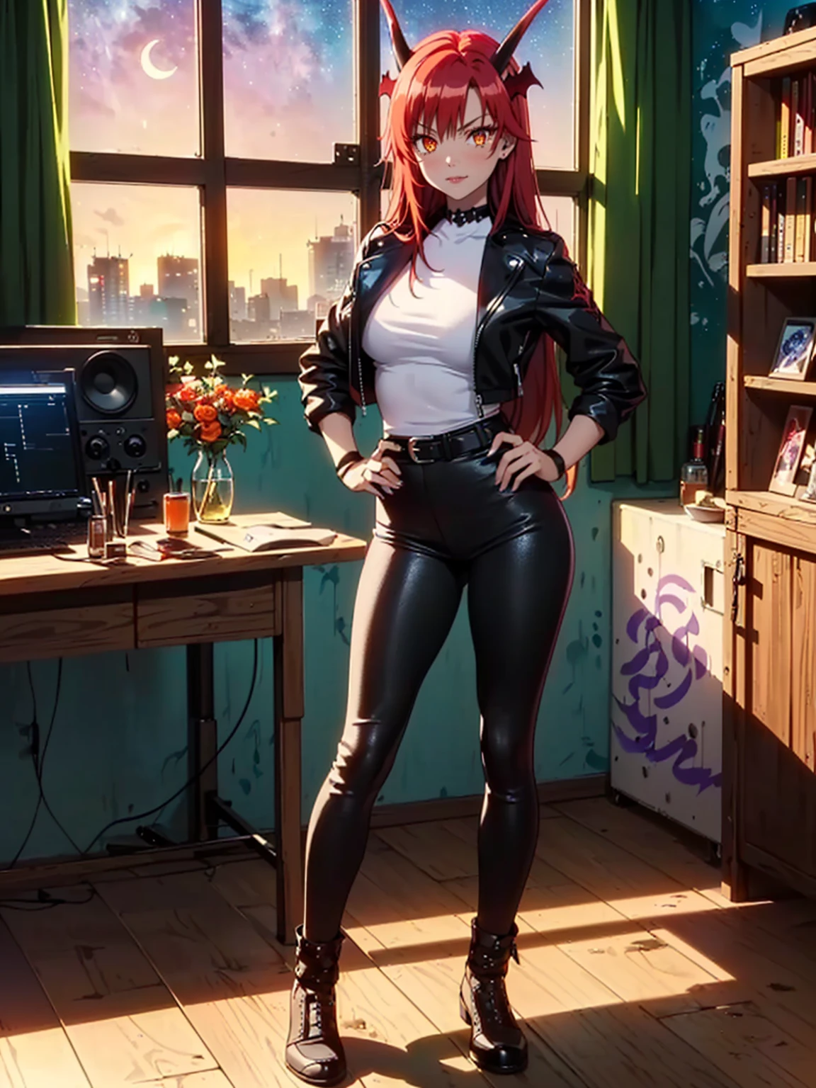 ((1girl, solo ,alone)), ((solo, 1woman, ((tania-fi, dragon horns, beast tamer, orange eyes, long hair, red hair,)), woman, lipstick), Extremely detailed, ambient soft lighting, 4k, perfect eyes, a perfect face, perfect lighting, a 1girl)), ((solo, (1woman, lipstick), Extremely detailed, ambient soft lighting, 4k, perfect eyes, a perfect face, perfect lighting, a 1girl)), , ((fitness,, shapely body, athletic body, toned body)), (( biker woman, rocker woman, punk woman, black jacket, leather jacket, gray top tank, black pants, leather pants, belt, backstage, night,music studio, recording booth, graffitied walls, leather gloves, window, night, sky, constellations, milky way, crescent moon, , graffitied walls, , smug))