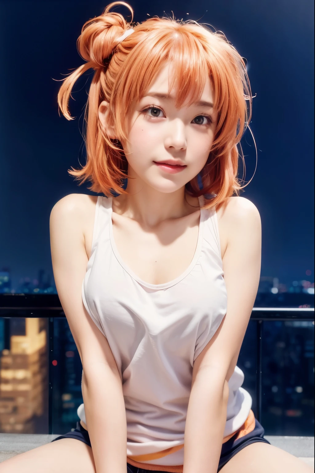 masterpiece, best quality, (realistic,photo-realistic:1.4), (RAW photo:1.2), extremely detailed CG unity 8k wallpaper, delicate and beautiful, amazing,finely detail, official art, absurdres, incredibly absurdres, huge filesize, ultra-detailed,extremely detailed eyes and face,light on face,ishiki iroha,(little smile),(peach hair:1.4),(wearing tanktop:-:1.5),balcony background,(short hair:1.4),hair bun