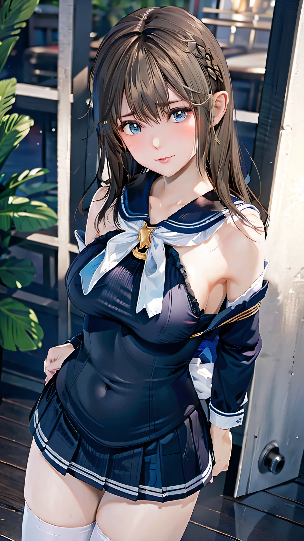 Adult women, Alone, sexy,8k resolution,((Best Quality)),Ultra-high resolution, (Embarrassed face), (Blue eyes), A beautiful, symmetrical face, (Black blunt straight hair),Sailor suit,Pleated skirt,Realistic:1.4,Realistic:1.4,(masterpiece:1.2),Perfect Eyes,Perfect Eyes,Anatomically correct human body,Perfect waist,Perfect thighs,Angle from below