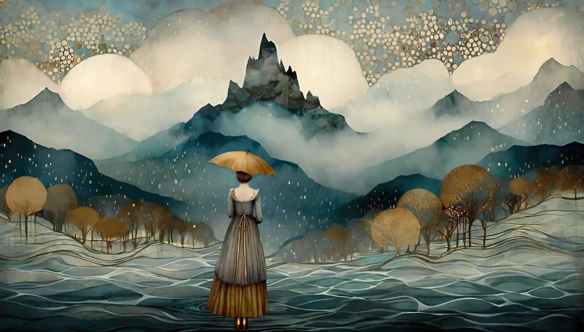 Create a melancholic, whimsical scene of misty mountains during a rainy day, inspired by Gustav Klimt and Catrin Welz-Stein. The mountains in the background are softly veiled in mist, with delicate golden patterns and shimmering details woven into the rocky slopes, reminiscent of Klimt's intricate, metallic motifs. The rain falls gently, creating soft ripples on puddles and streams below, adding a reflective, sorrowful mood. The mist swirls through the valleys in a dreamy, layered fashion, with surreal and collage-like textures in the sky, echoing Catrin Welz-Stein's fantastical aesthetic. A muted color palette of cool blues, greys, and golds blends harmoniously to enhance the melancholic atmosphere. There is a happy beautiful age blonde pale girl standing wearing long magical dress. The overall image evokes a feeling of serene mystery, where nature and magic intertwine, offering a glimpse into a quiet, rainy world where emotions are both muted and intense.