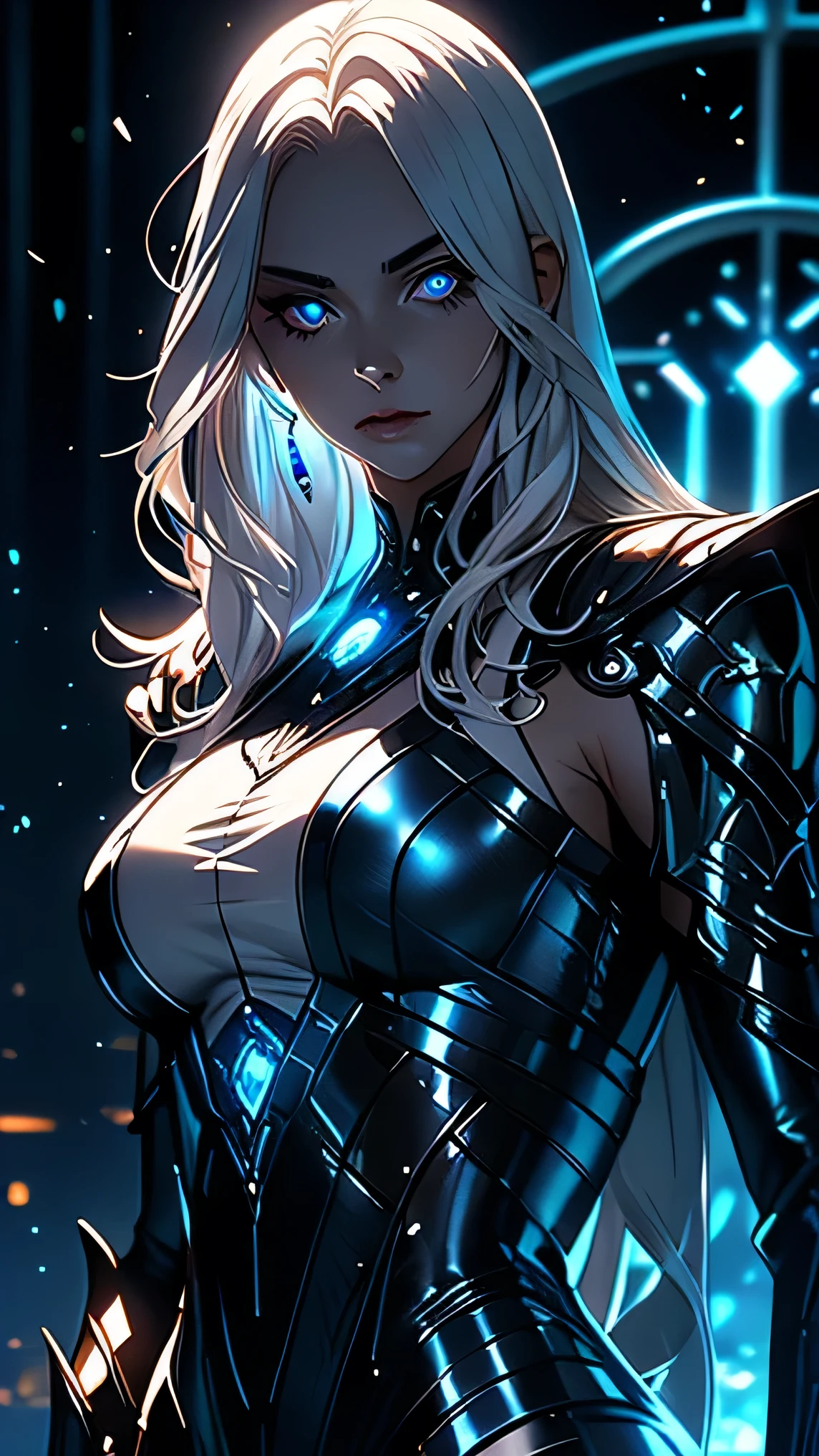 short wavy white hair, glowing blue eyes, beautiful woman, Sharp focus, pro lighting, cinematic,(Realistic face details), complicated details, very high details, Realistic photos, 8k, super details, UHD, dynamic camera angle, dynamic pose, hooded, light armor, white and blue details, hips up