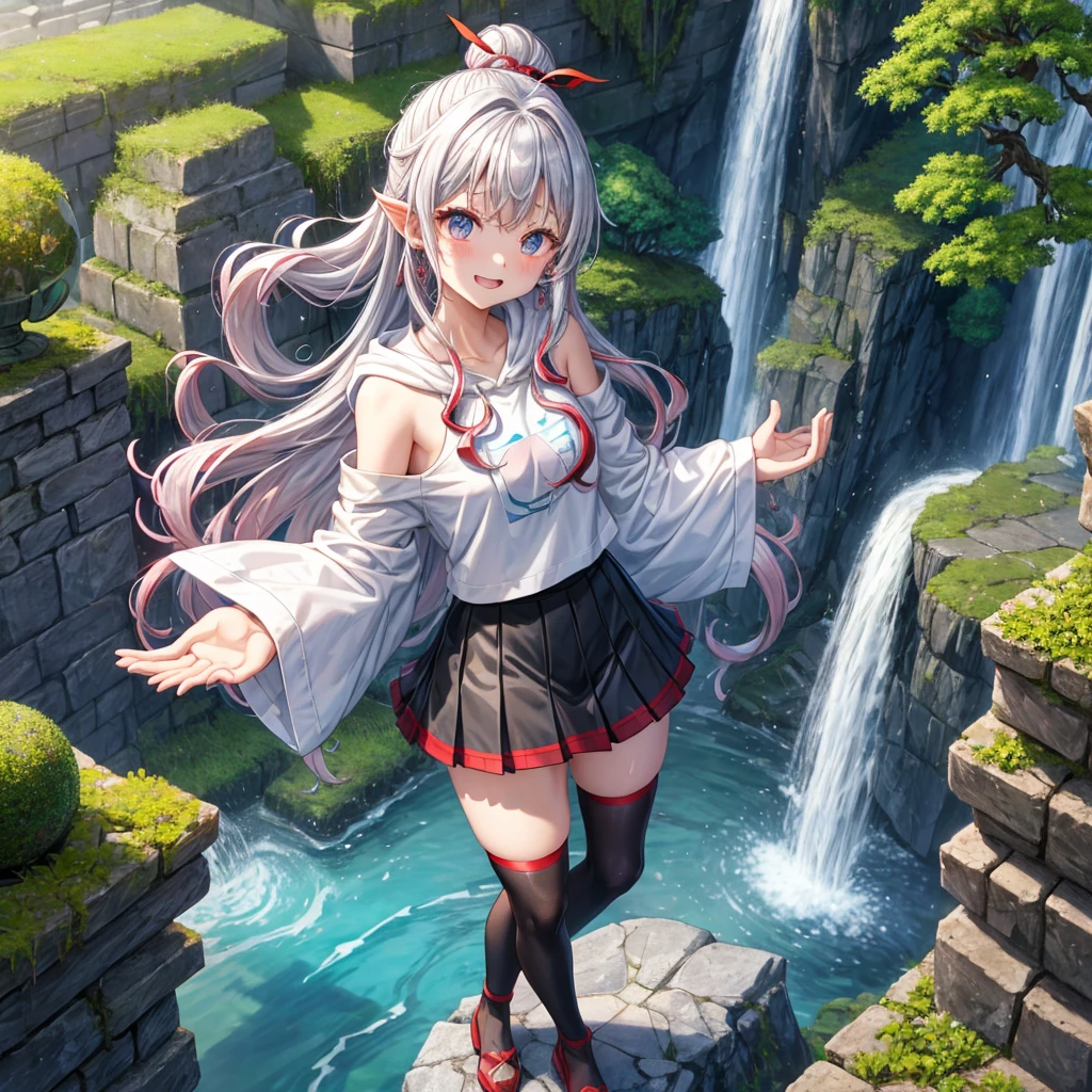 The best of Masterpiece, the best of landscapes, Improved quality, High quality, Good anatomy, Healthy body, Whole fingers, Normal digits, 16k quality image, Girl, beautiful girl, perfect body, full body, perfect girl, perfect skin, long or short messy hair or stright hair, white sleeveless shirt, hand socks, red mini skirt, black shoes, hairstyle, ear accessories, neck accessories, necklace, arm accessories, hand accessories, slip breast, small breasts, hard breasts, Two tone hair color black and white,